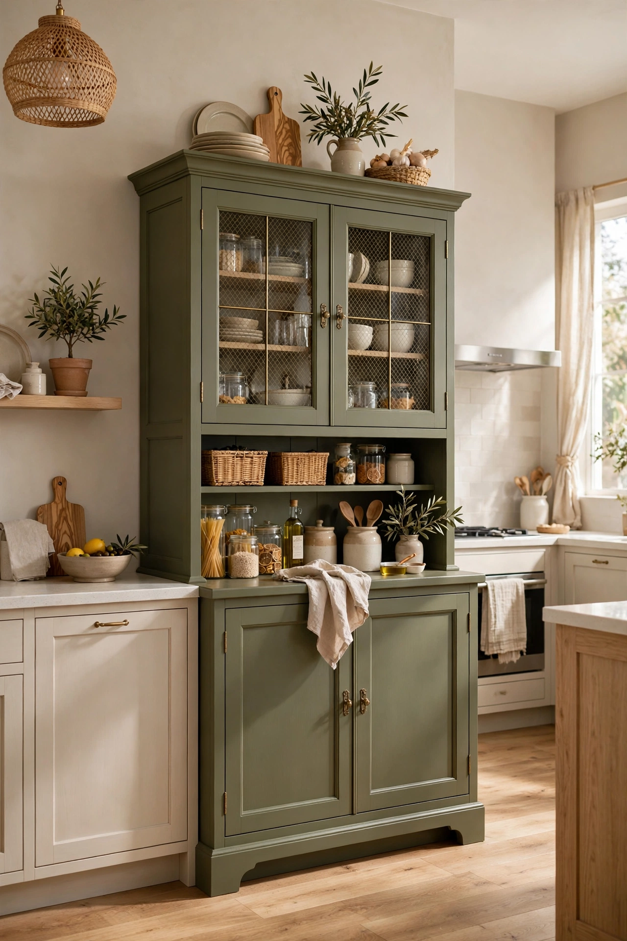 Freestanding olive green pantry hutch as a furniture moment in a neutral kitchen