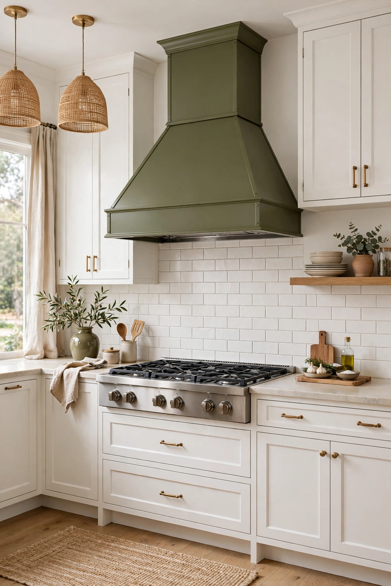 White kitchen with olive green range hood as focal point over the stove