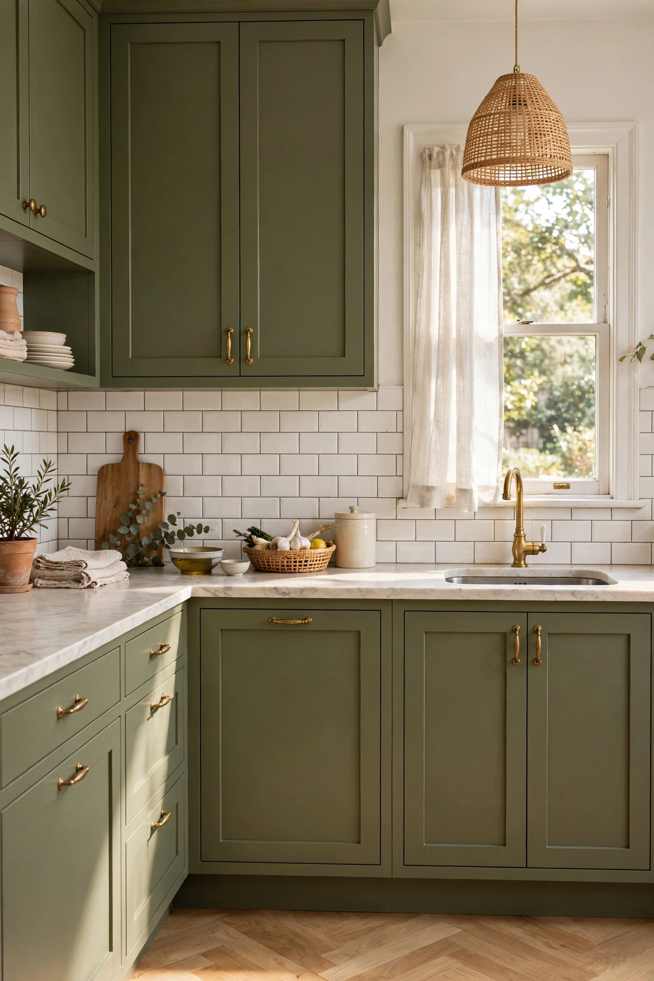 Olive green cabinets with classic white subway tile backsplash