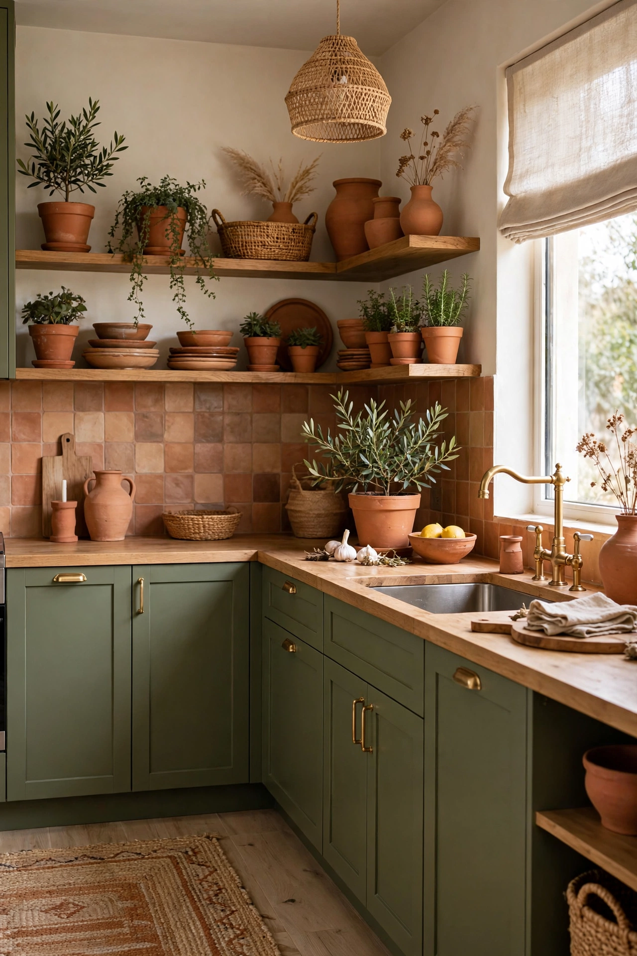 Olive green kitchen with terracotta pots and clay-tone accents