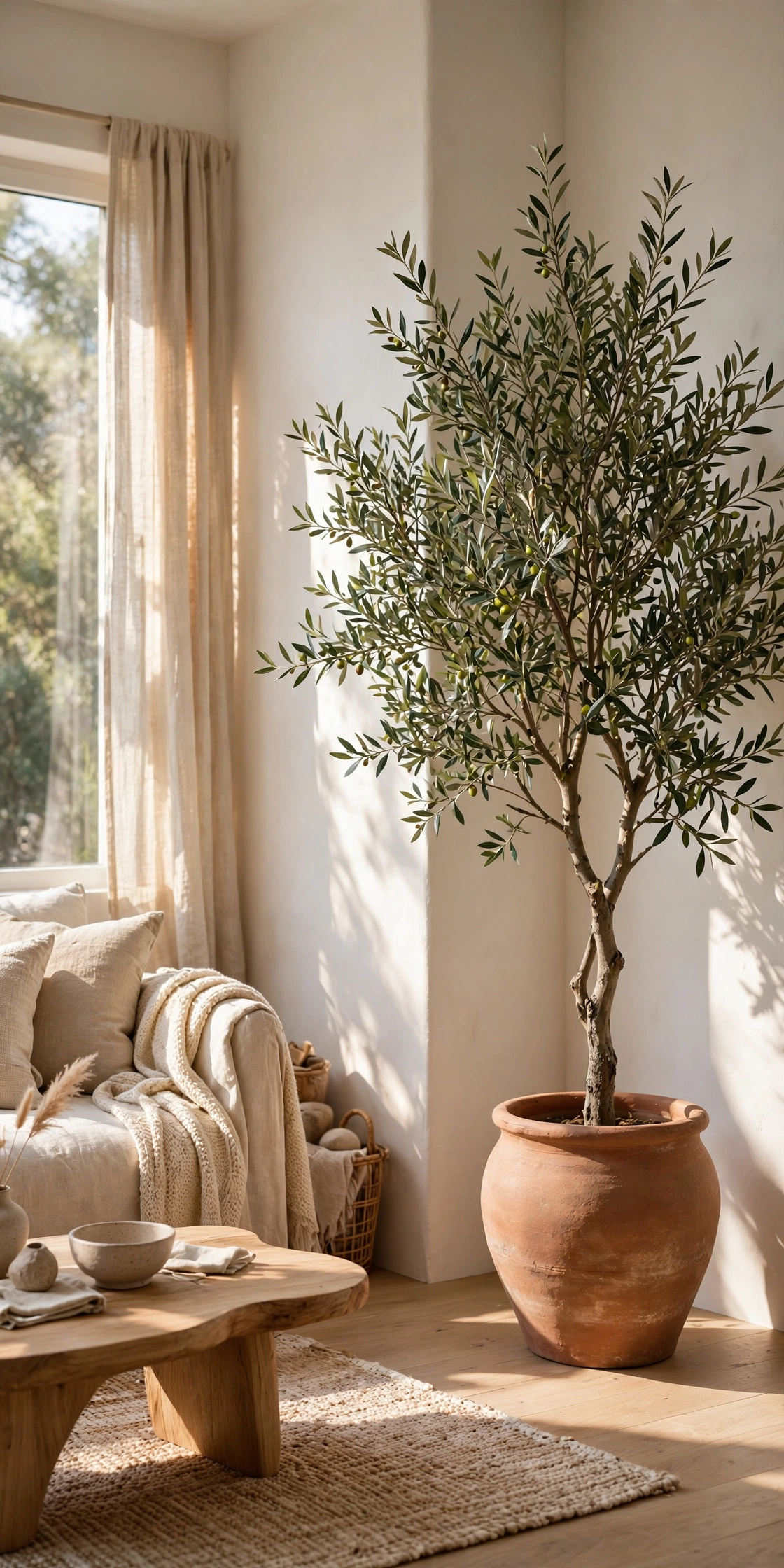 Indoor olive tree in a terracotta pot in the corner of a bright living room