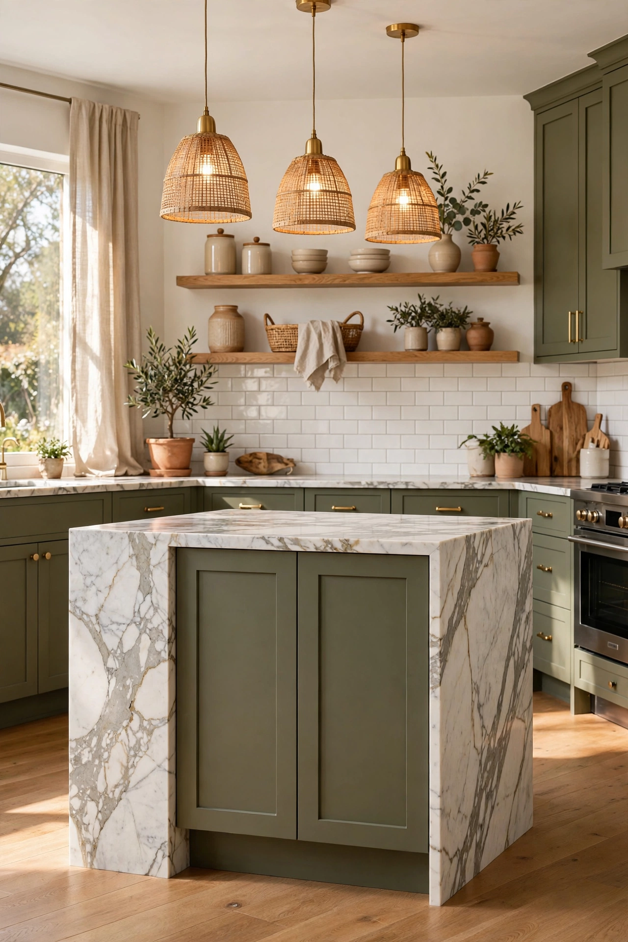 Olive green kitchen island with waterfall marble countertop cascading down the sides