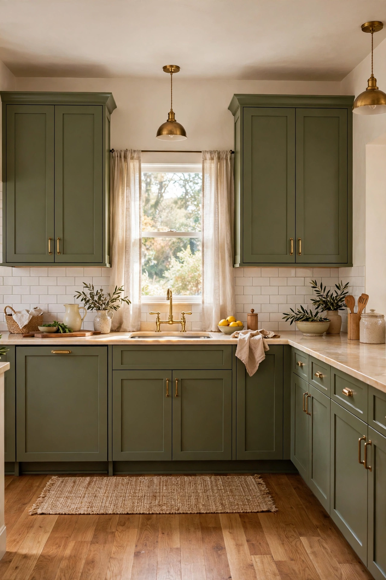 Olive green kitchen cabinets over warm oak wood floors