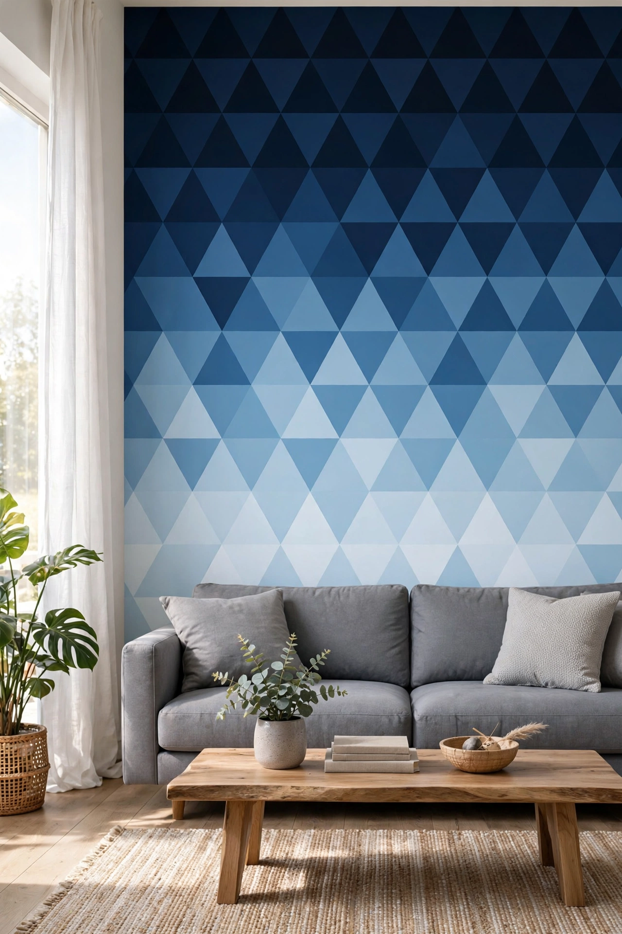 Living room wall with triangles fading from navy to pale blue ombre