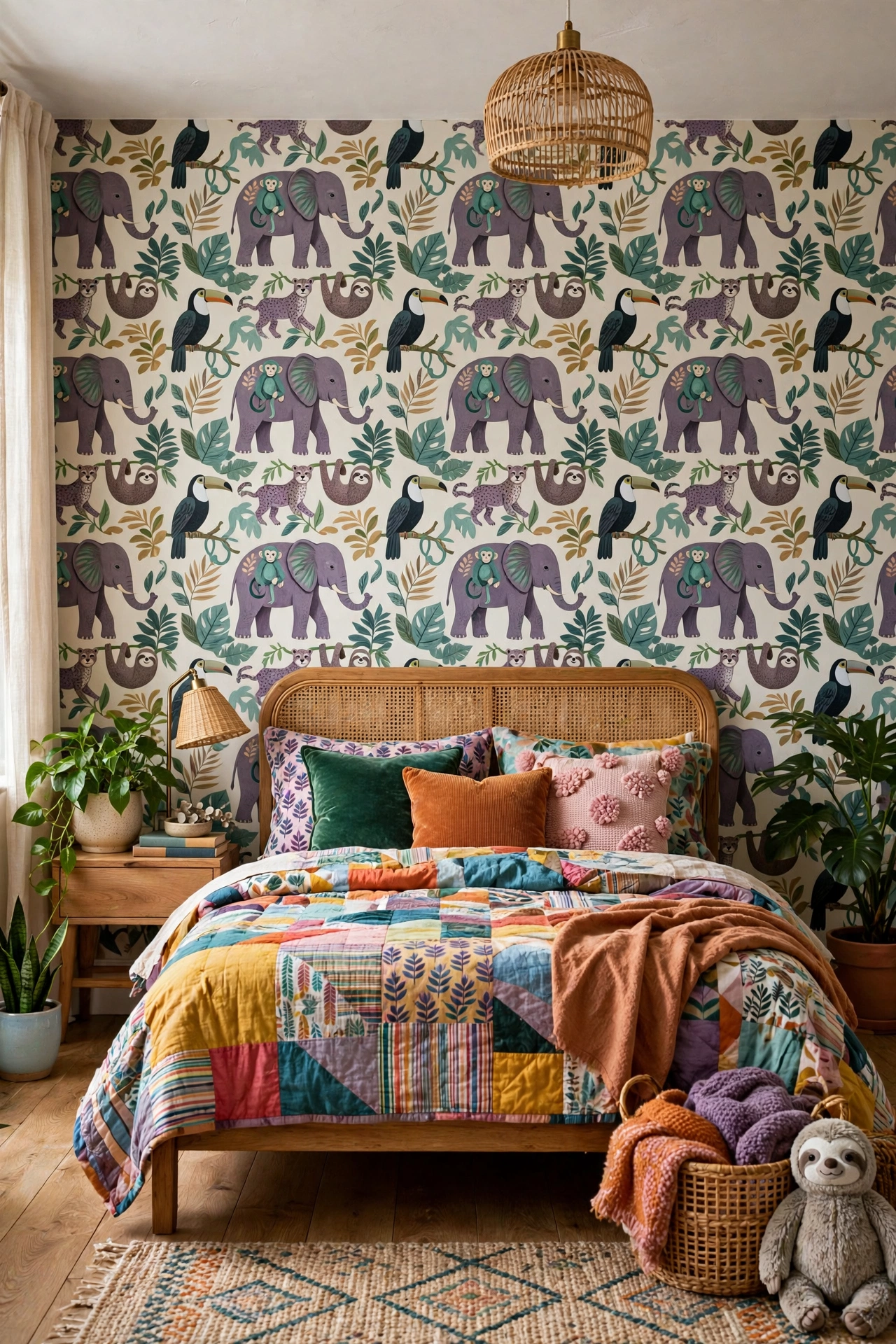 Eclectic bedroom with Opalhouse jewel-tone jungle animals affordable peel-and-stick wallpaper
