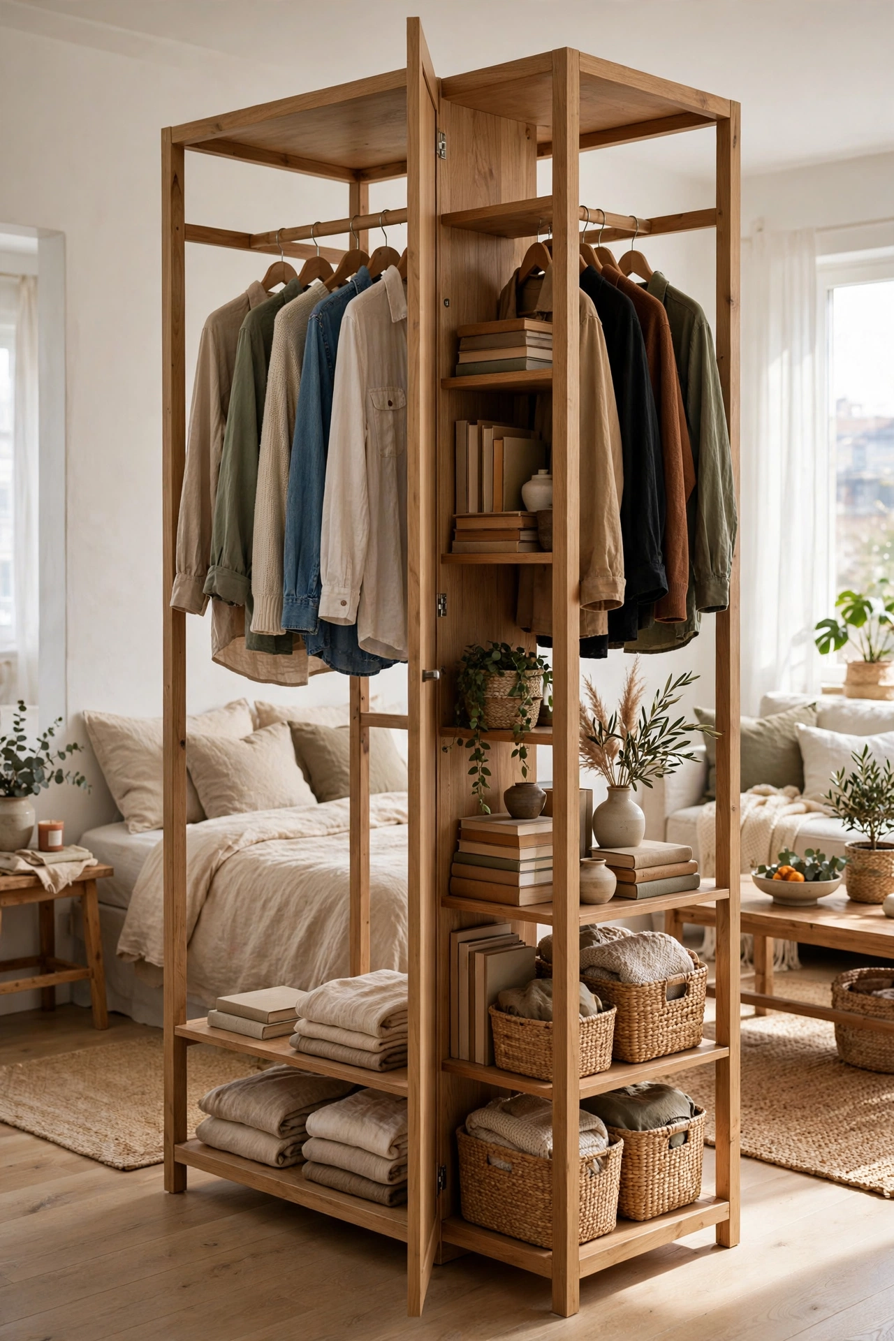 Double-sided open wardrobe dividing a studio apartment sleeping area from living area