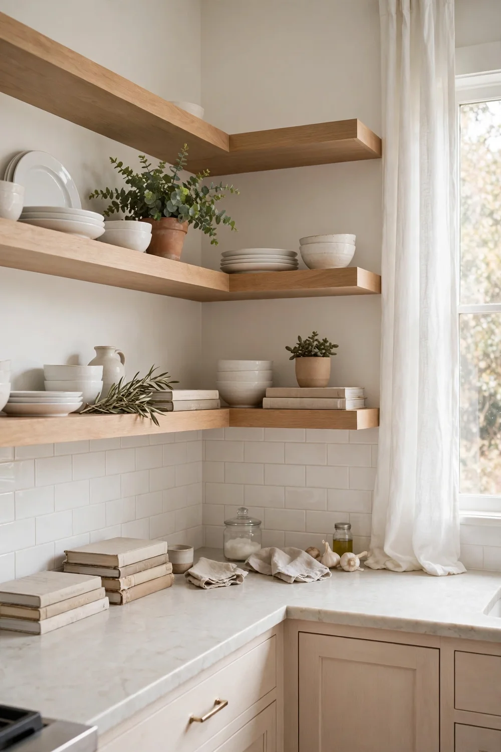 Kitchen corner with L-shaped open floating shelves styled with dishes and plants