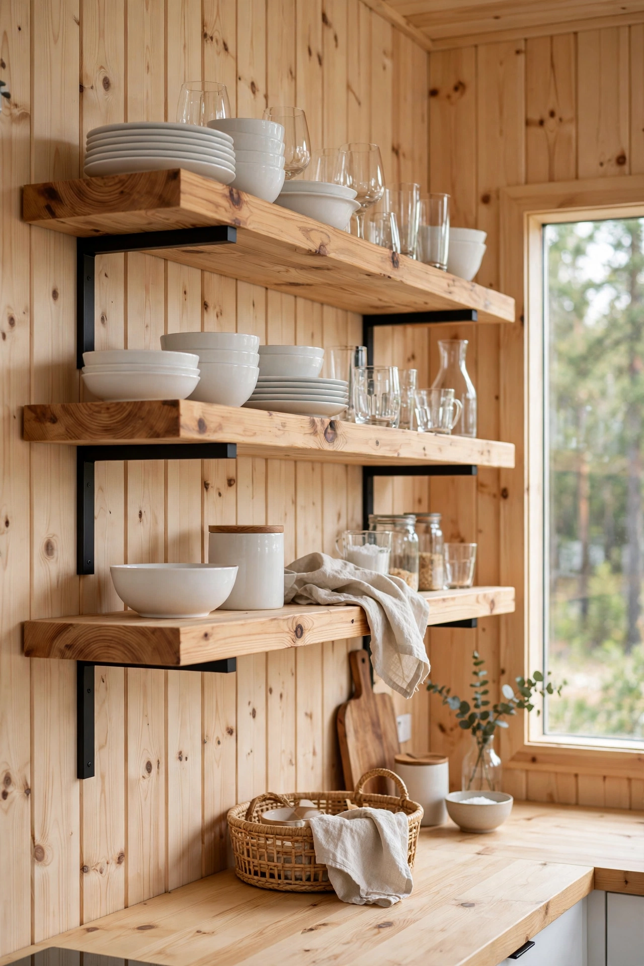 Open pine wood shelves with dishes in a modern cabin kitchen