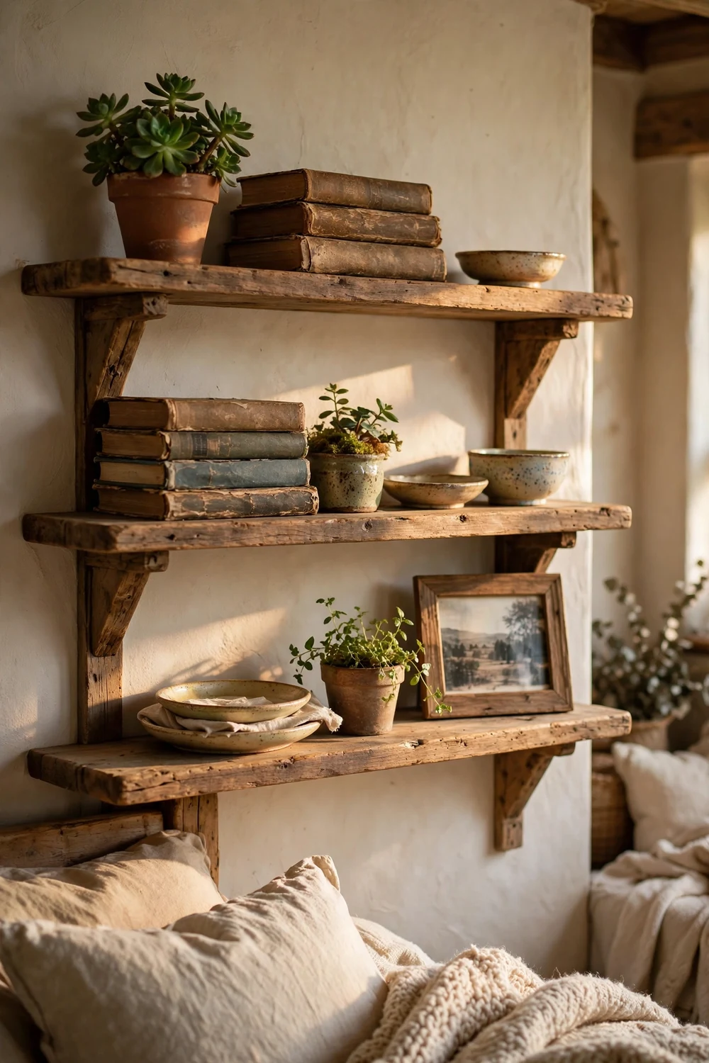 Wooden open shelves styled with books, small plants, and ceramic dishes in a bedroom