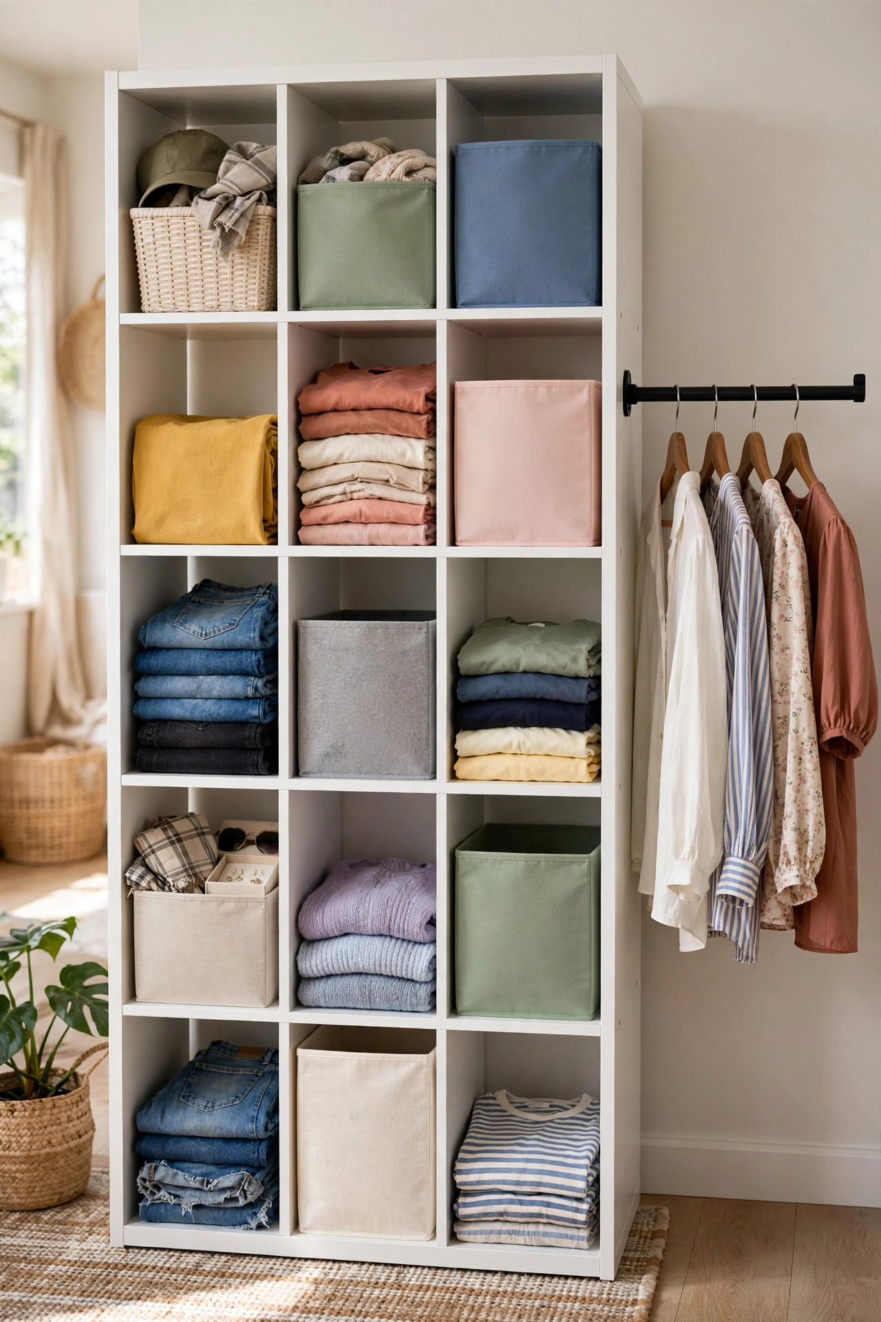 Tall white cube organizer with fabric bins and folded clothes used as open closet