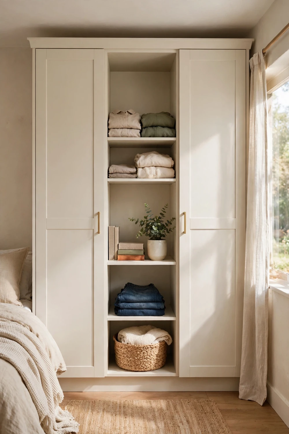 Fitted wardrobe with an open shelving section displaying folded clothes and books