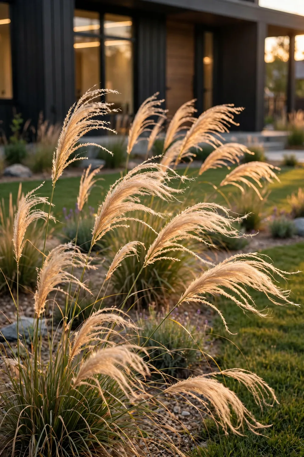 Drifts of ornamental grasses with feathery plumes swaying in a landscaped lawn at golden hour