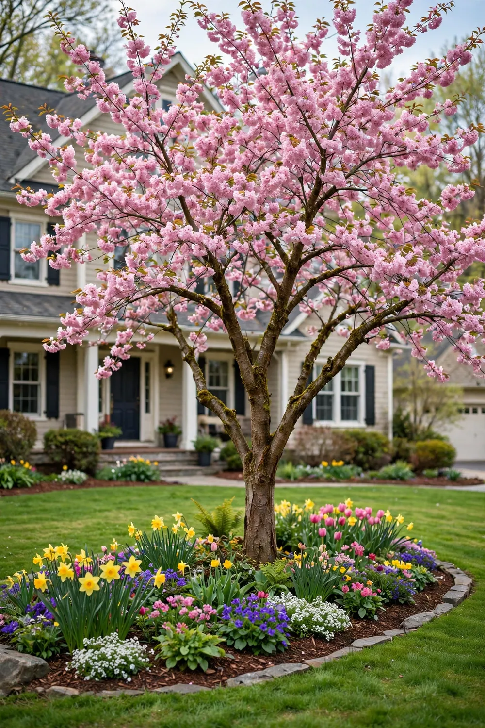 Ornamental flowering tree as a focal point in a front lawn with a curved flower bed beneath it