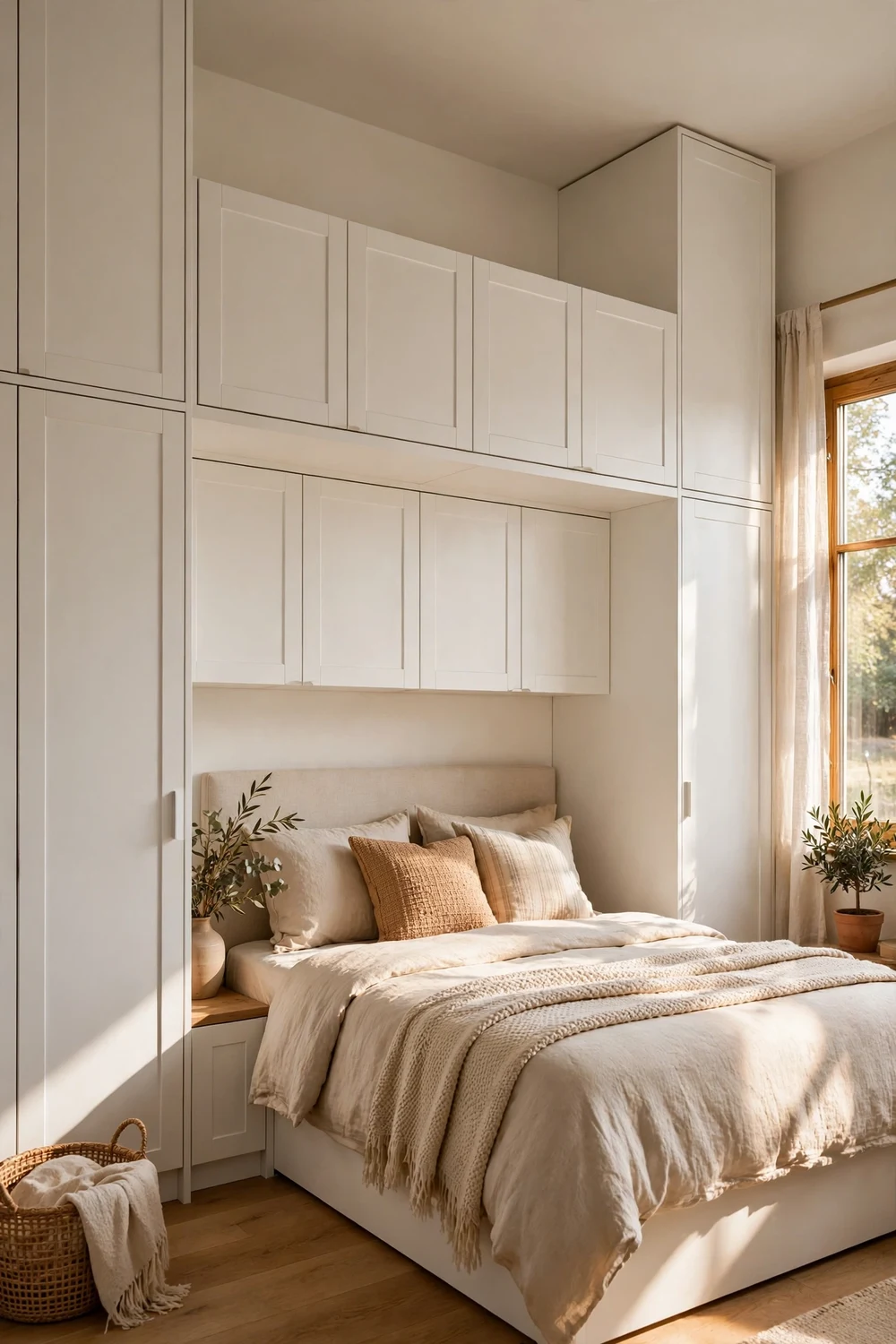 Small bedroom with fitted white wardrobe units forming a storage bridge over the bed