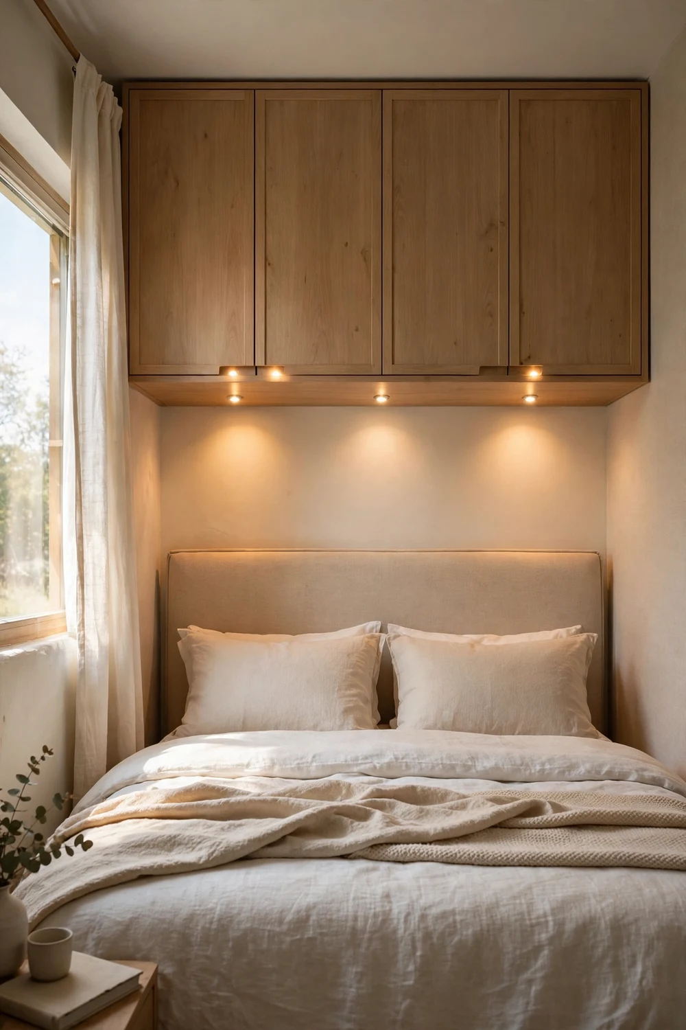 Overhead wardrobe cabinets above a bed headboard with warm integrated reading lights