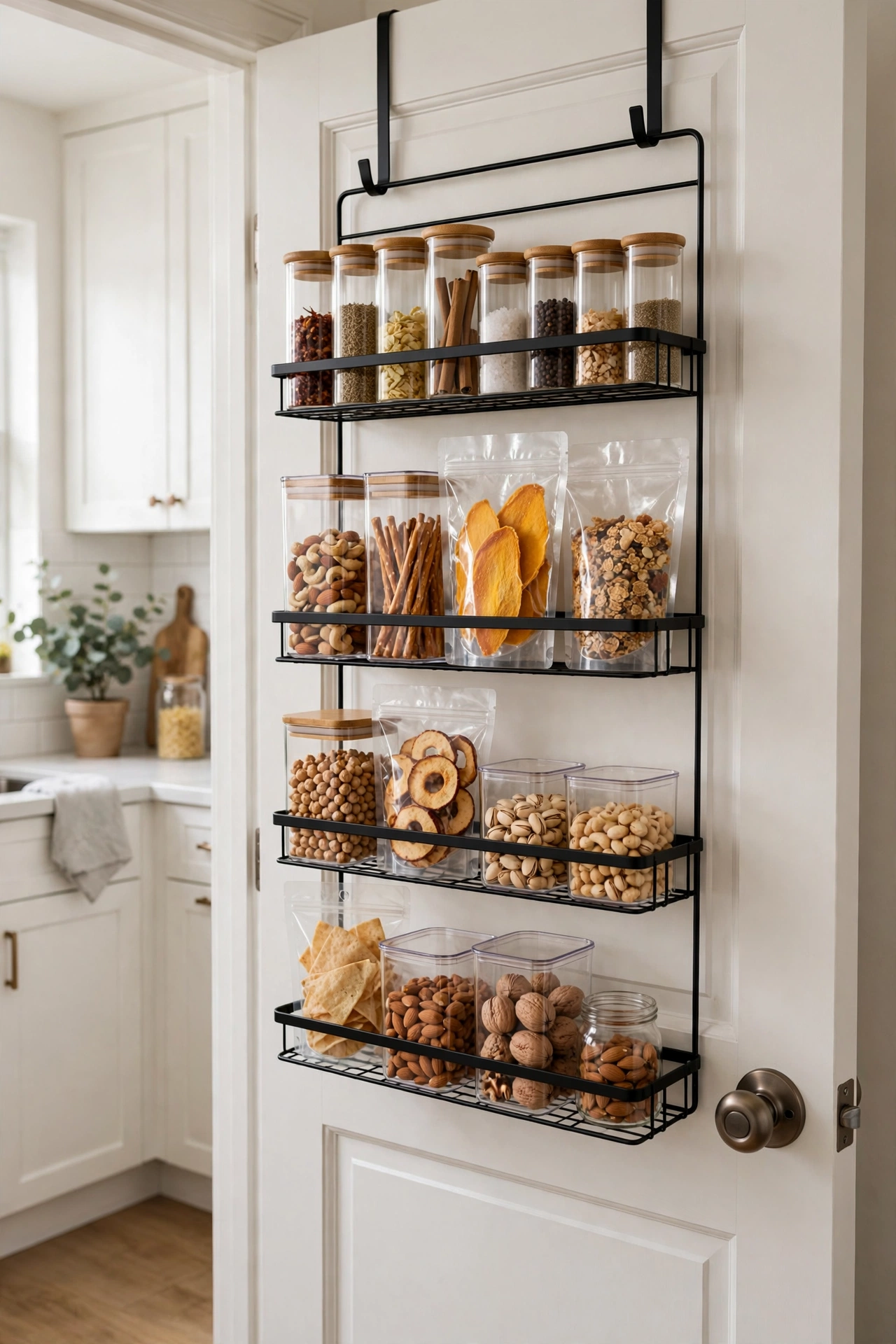 Rental pantry door with over-the-door organizer holding spices and snacks