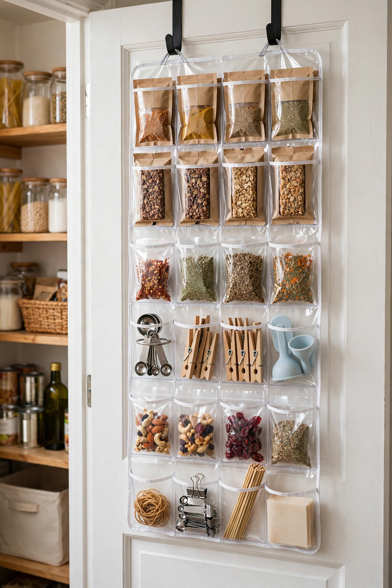Clear over-the-door shoe organizer used to store pantry items and cleaning supplies