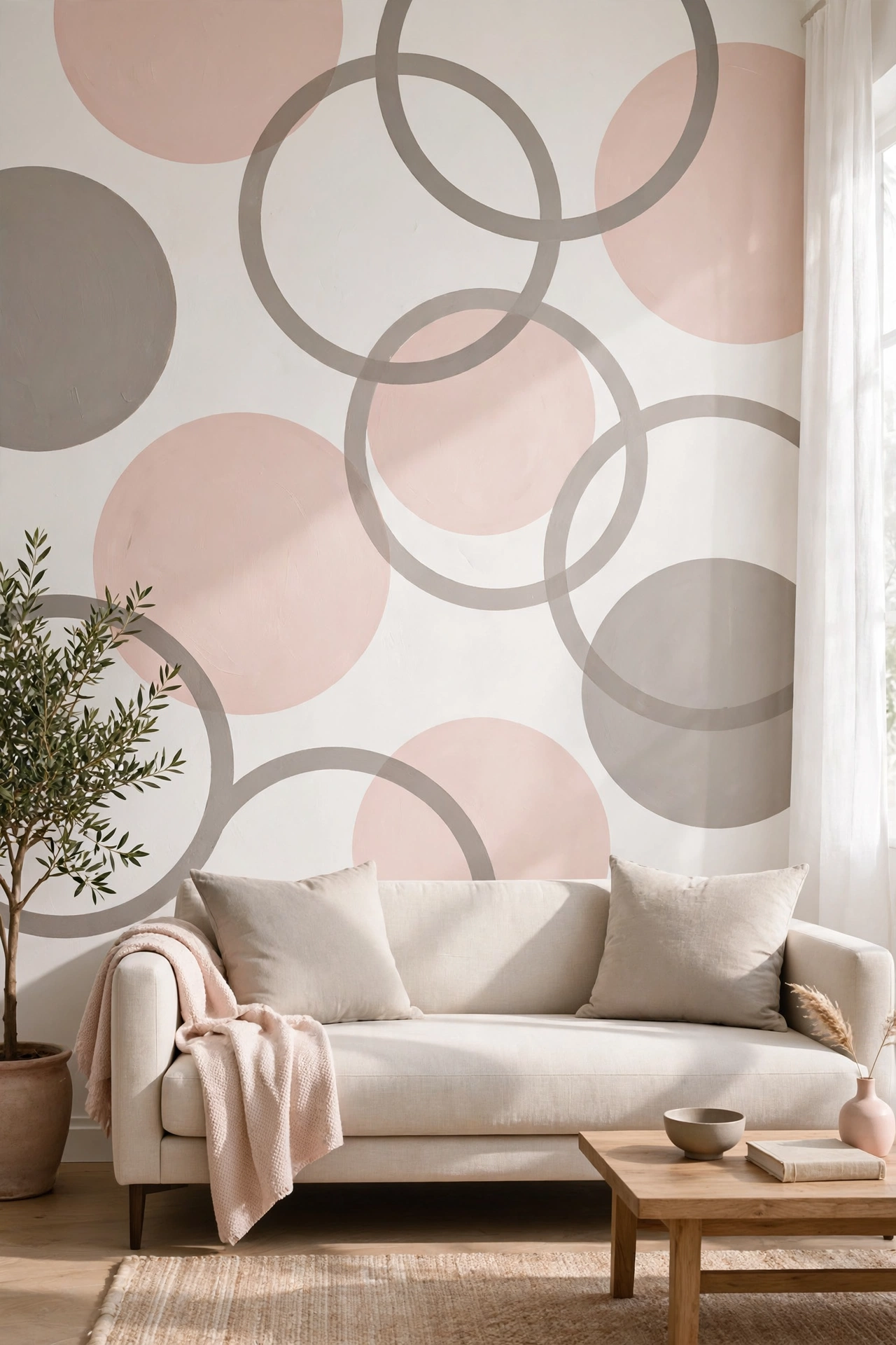 Living room wall with overlapping circles in blush pink and warm gray