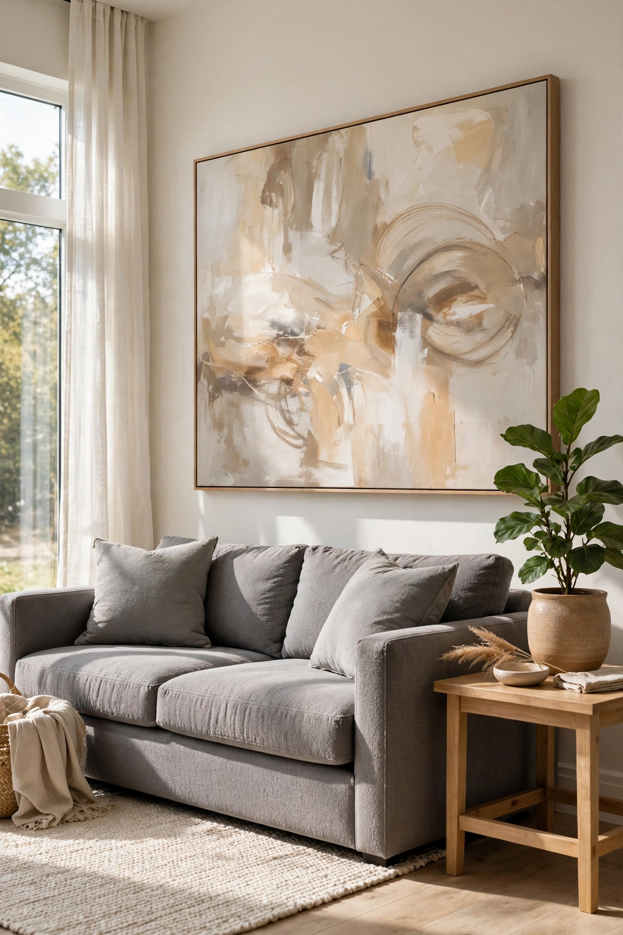 Large abstract canvas art in warm neutrals hanging above a sofa in a bright living room
