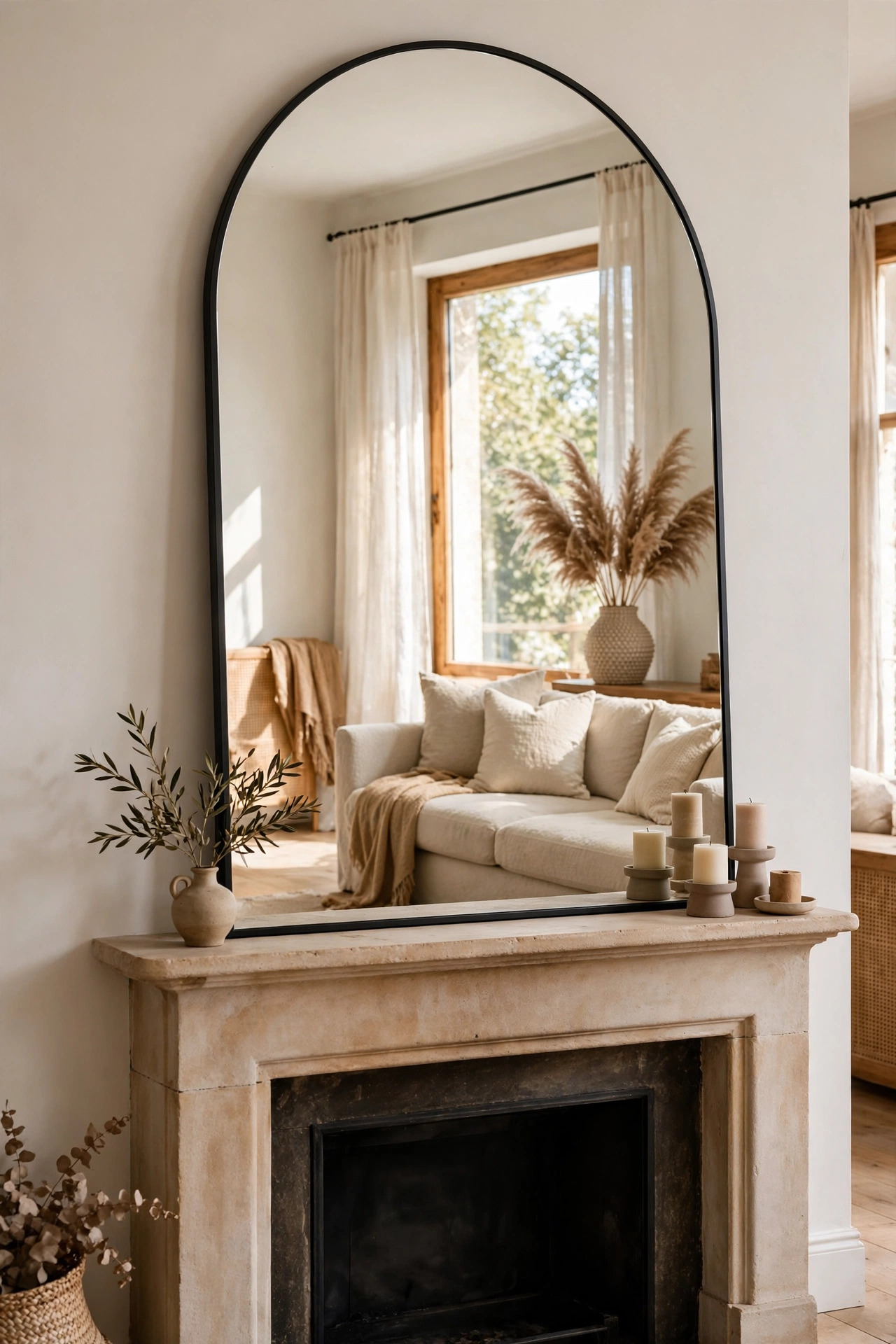 Large arched floor mirror leaning against a living room wall above a fireplace mantel