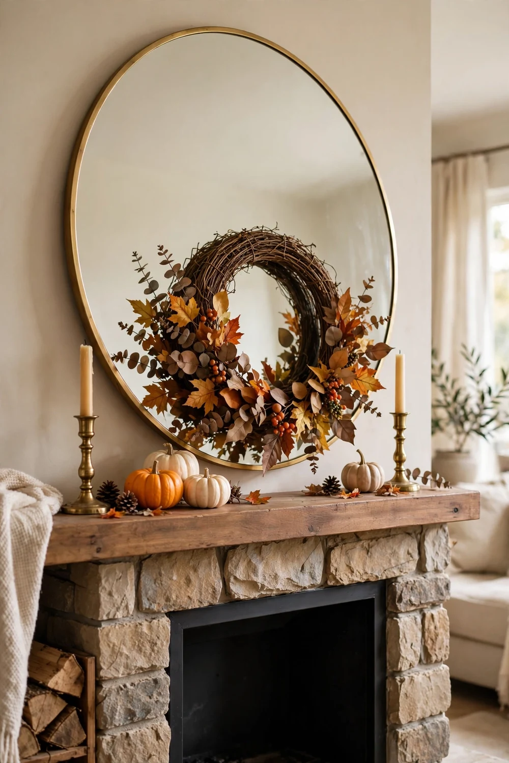 Oversized round mirror above mantel with fall wreath hanging on it