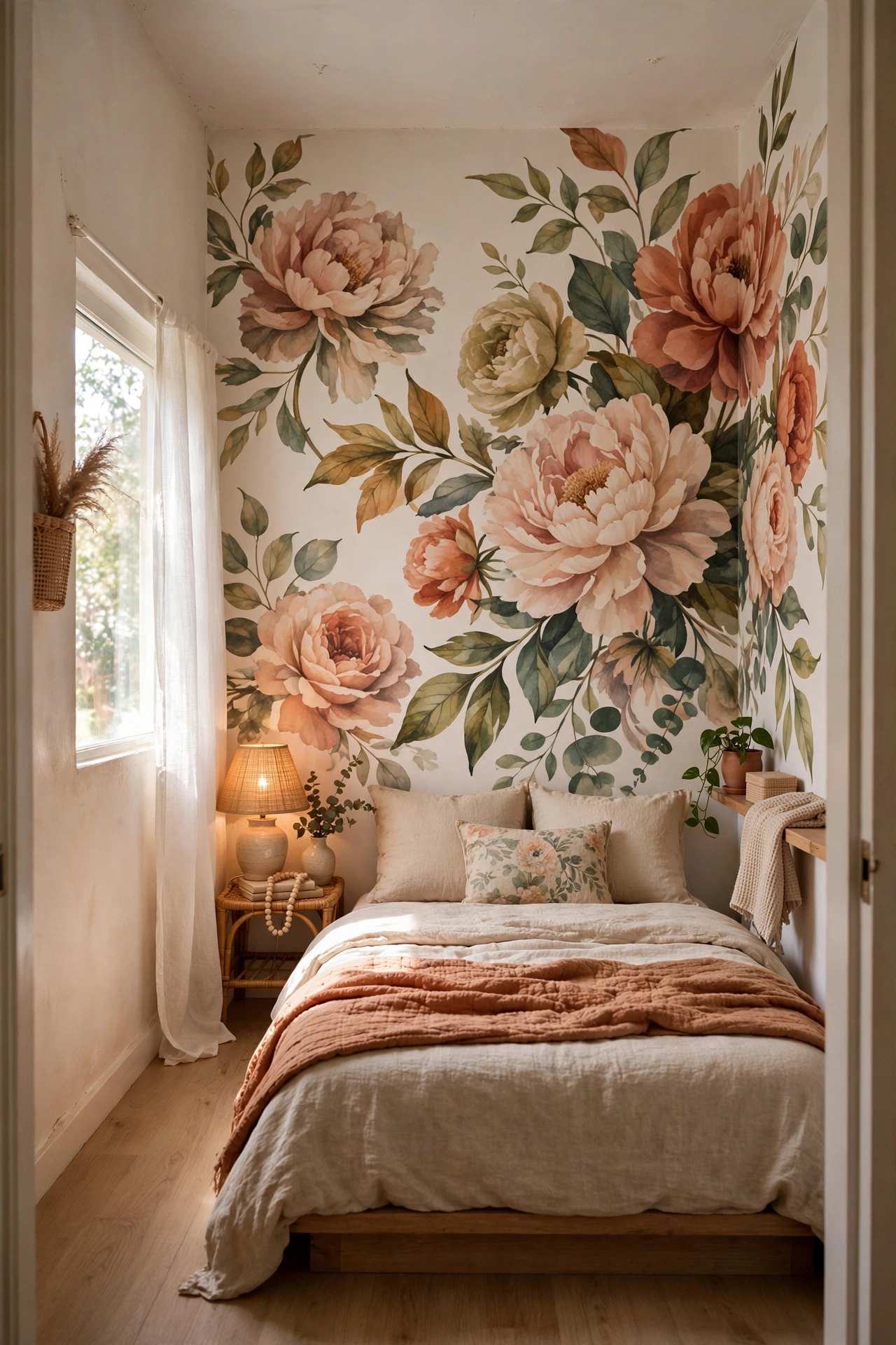 Small bedroom with oversized floral mural making the wall feel larger