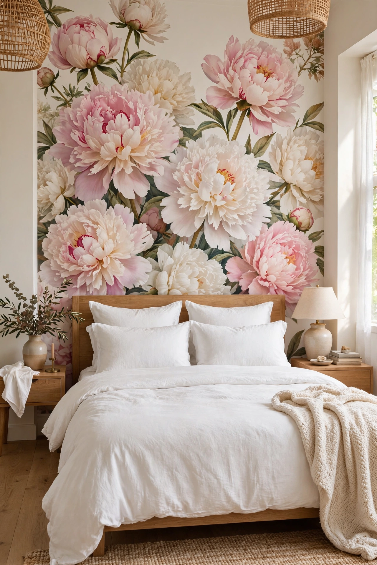 Bedroom with oversized peony floral wallpaper behind the headboard in soft pink and cream