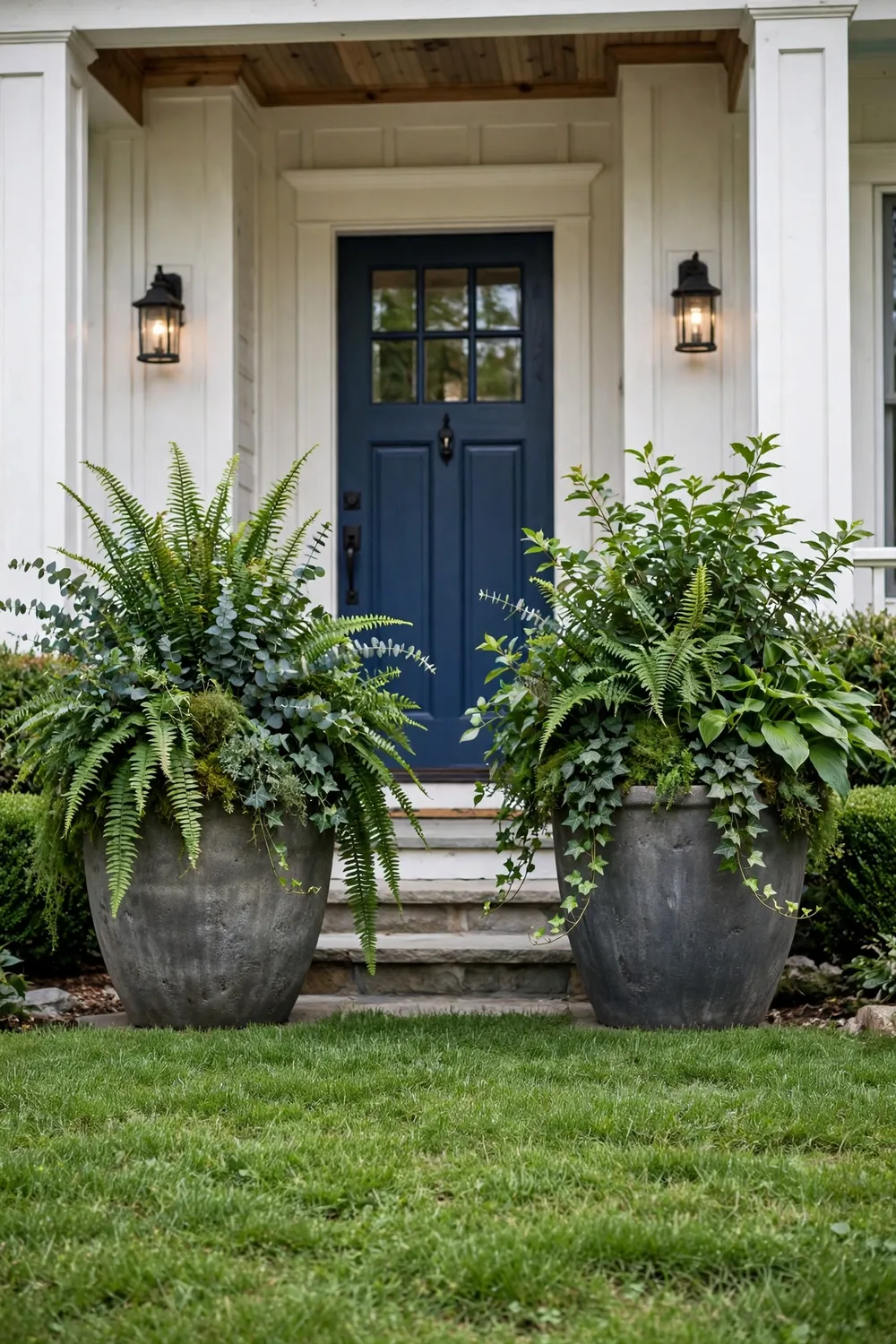Oversized planters with lush greenery flanking a front porch entrance and manicured lawn