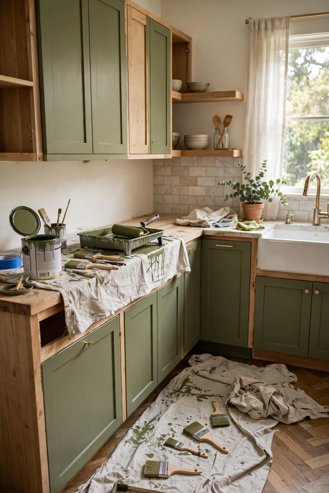 DIY project painting existing kitchen cabinets olive green