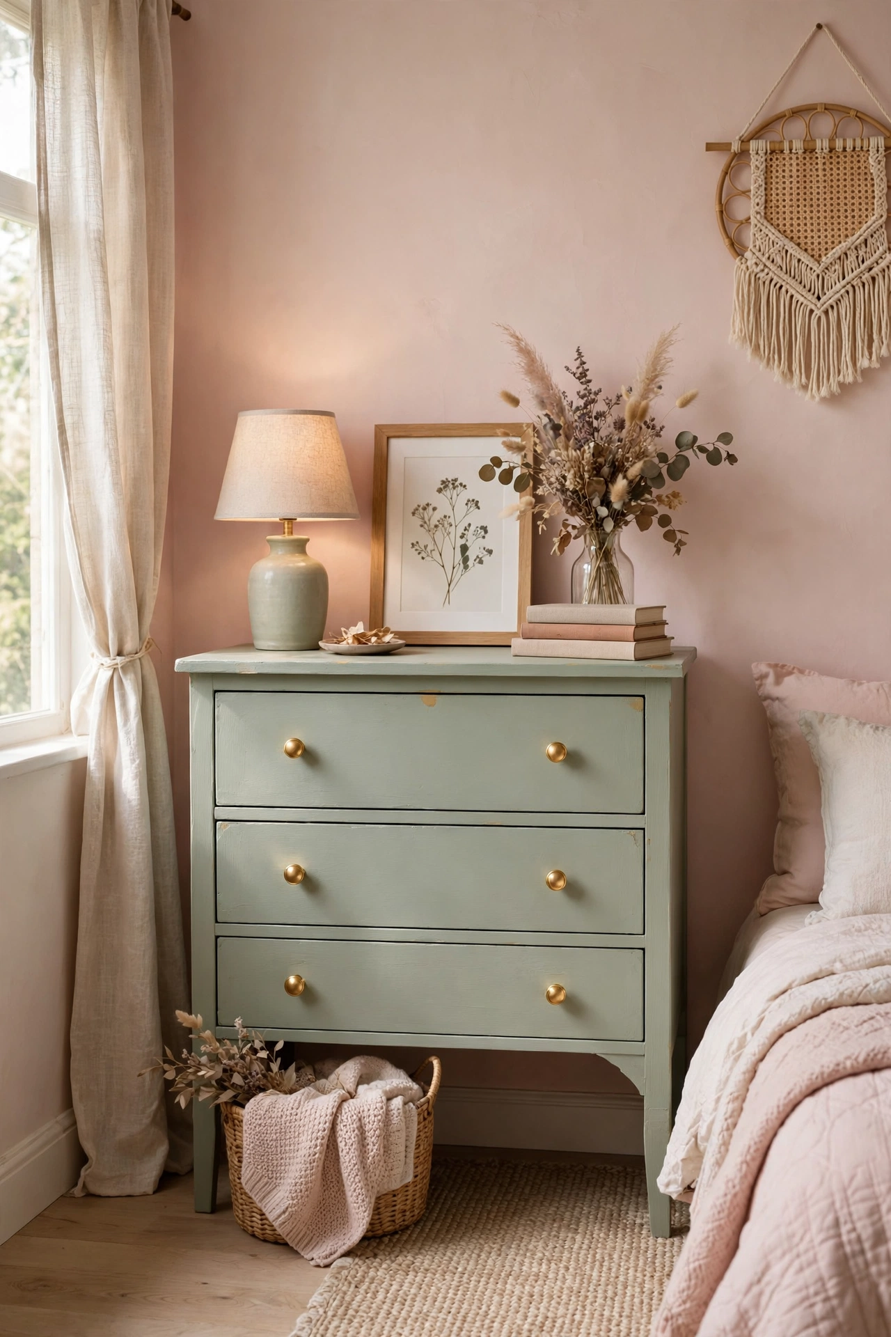 DIY painted sage green dresser with gold knobs styled with lamp and dried flowers in a teen bedroom