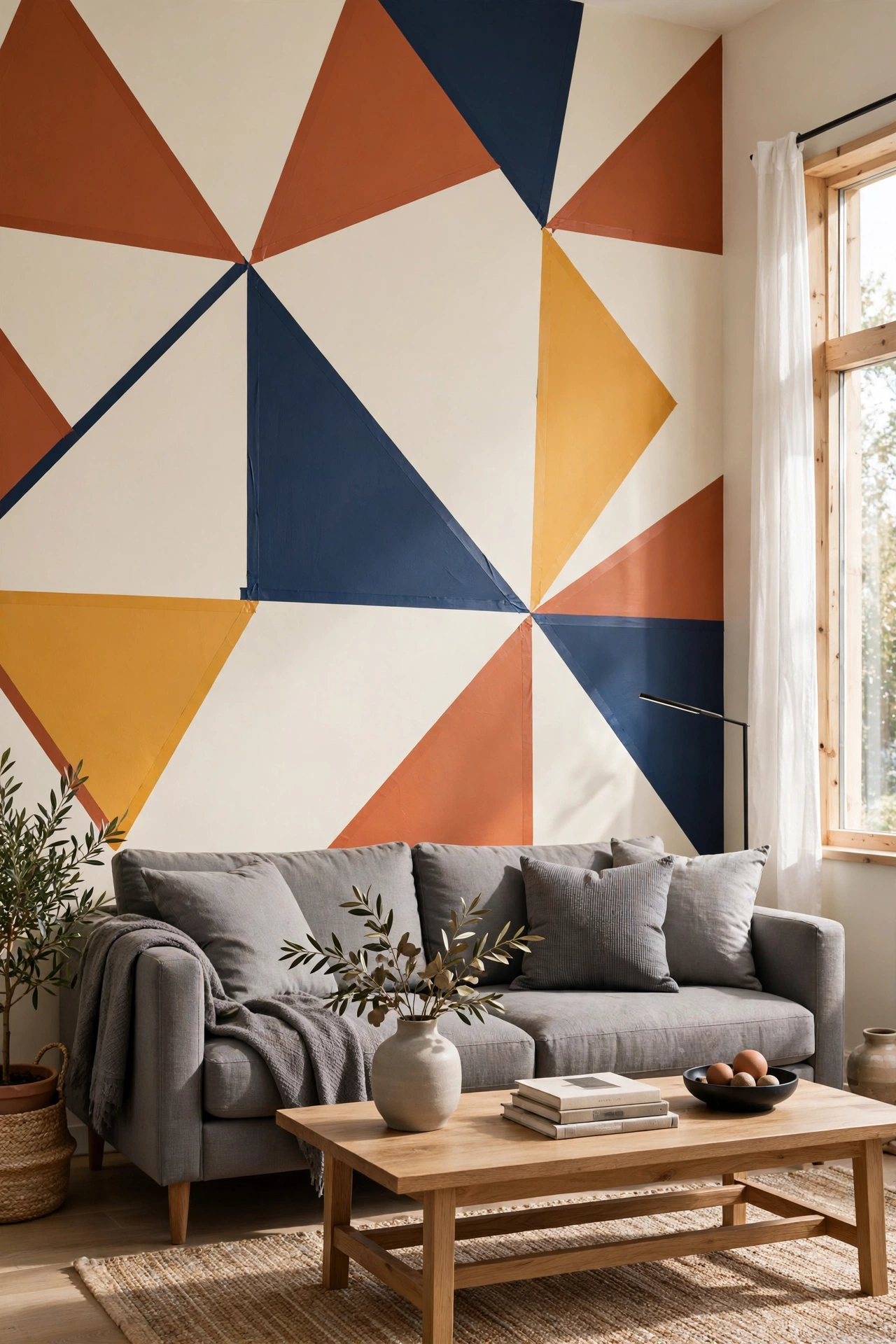 Living room accent wall with bold painted triangles in terracotta, navy and mustard