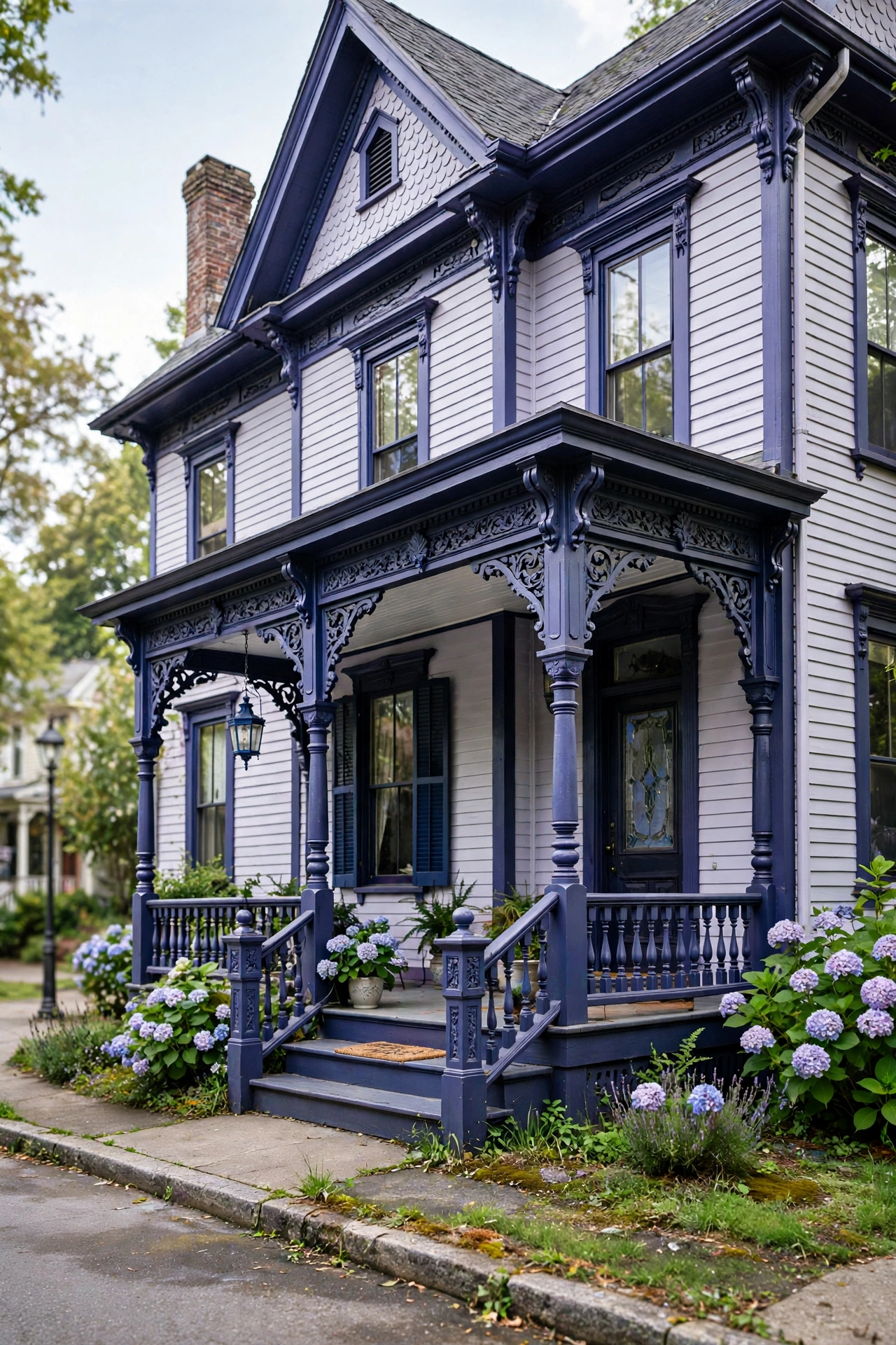 Pale lavender Victorian house with deep navy trim and ornate details
