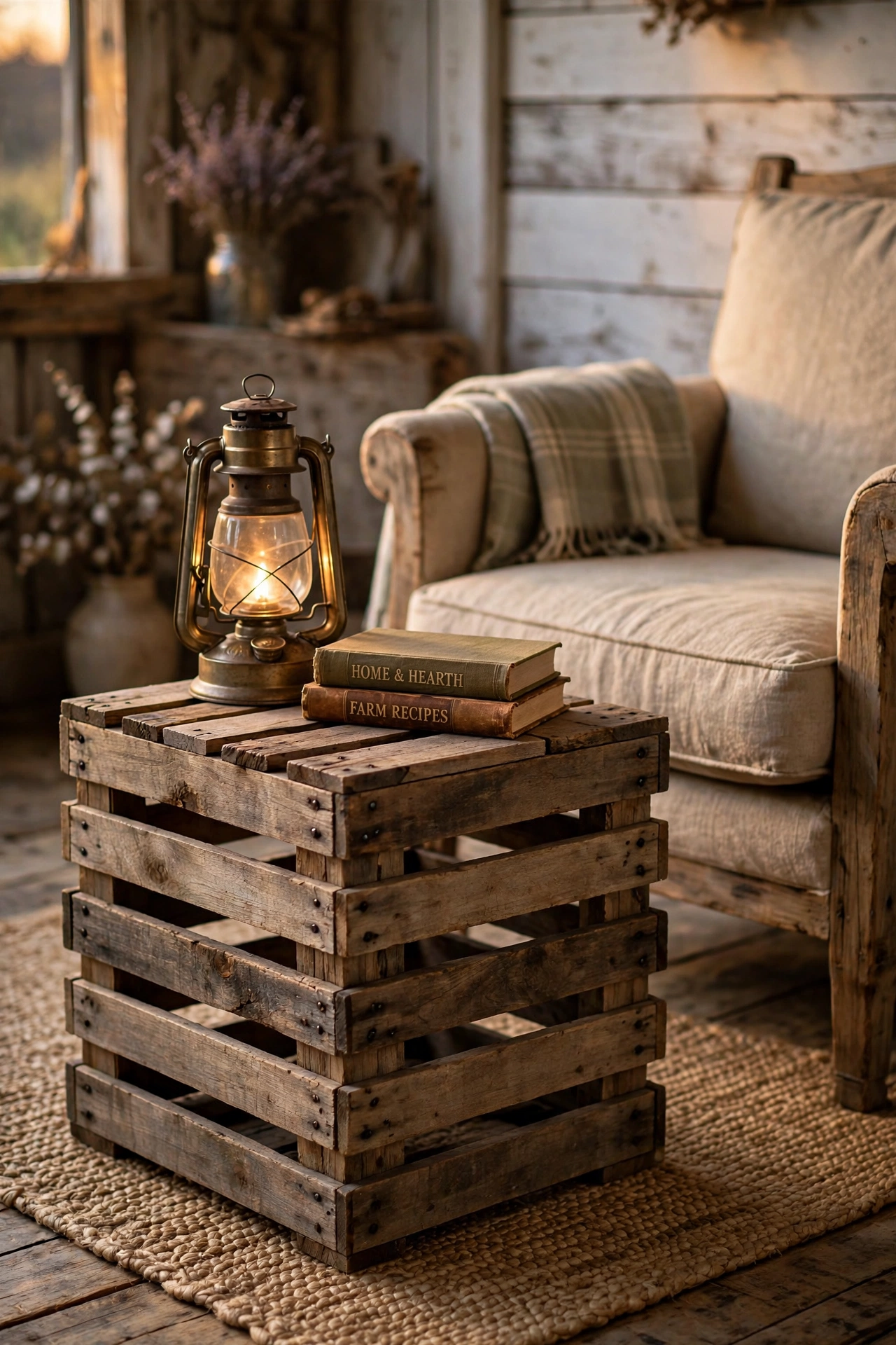 Pallet wood cube side table with nail heads next to a farmhouse armchair