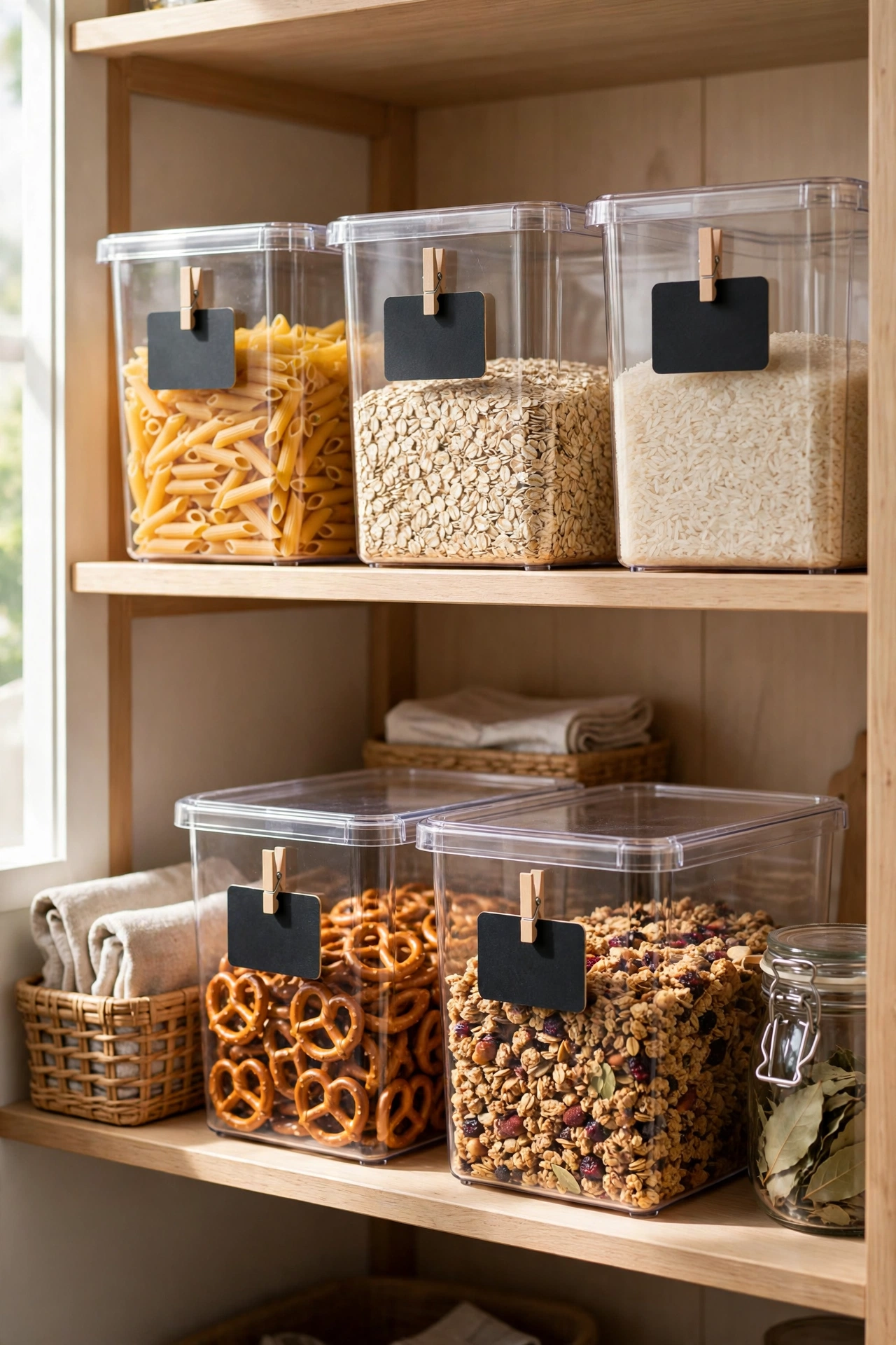 Organized pantry with clear Dollar Tree bins and chalkboard labels for snacks and dry goods