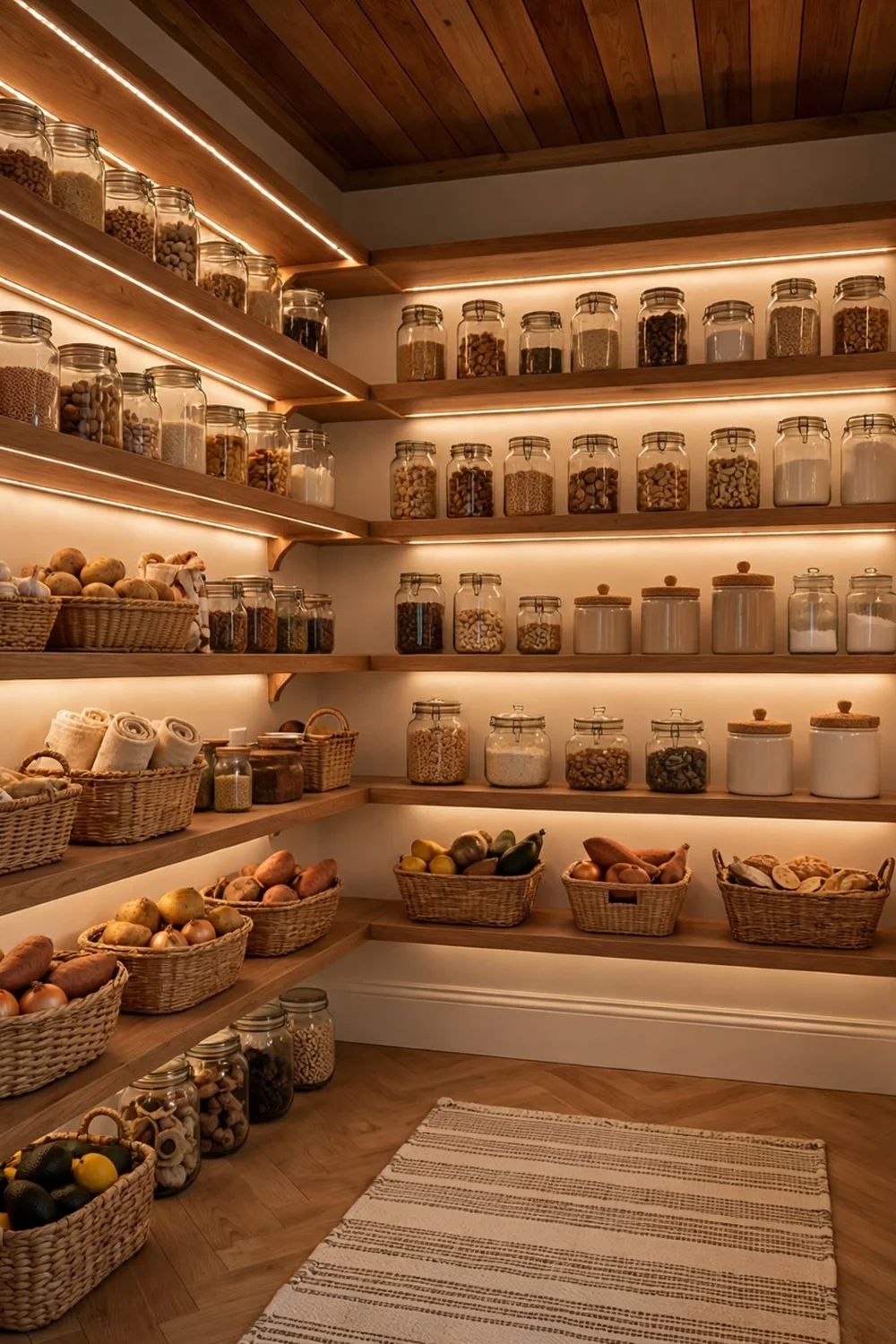 Walk-in pantry with warm LED strips under each shelf illuminating jars and baskets