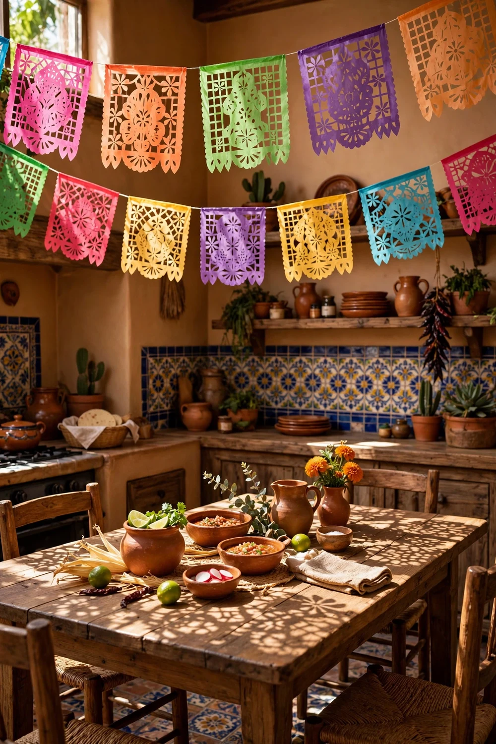 Colorful papel picado tissue paper banners strung across a Mexican kitchen