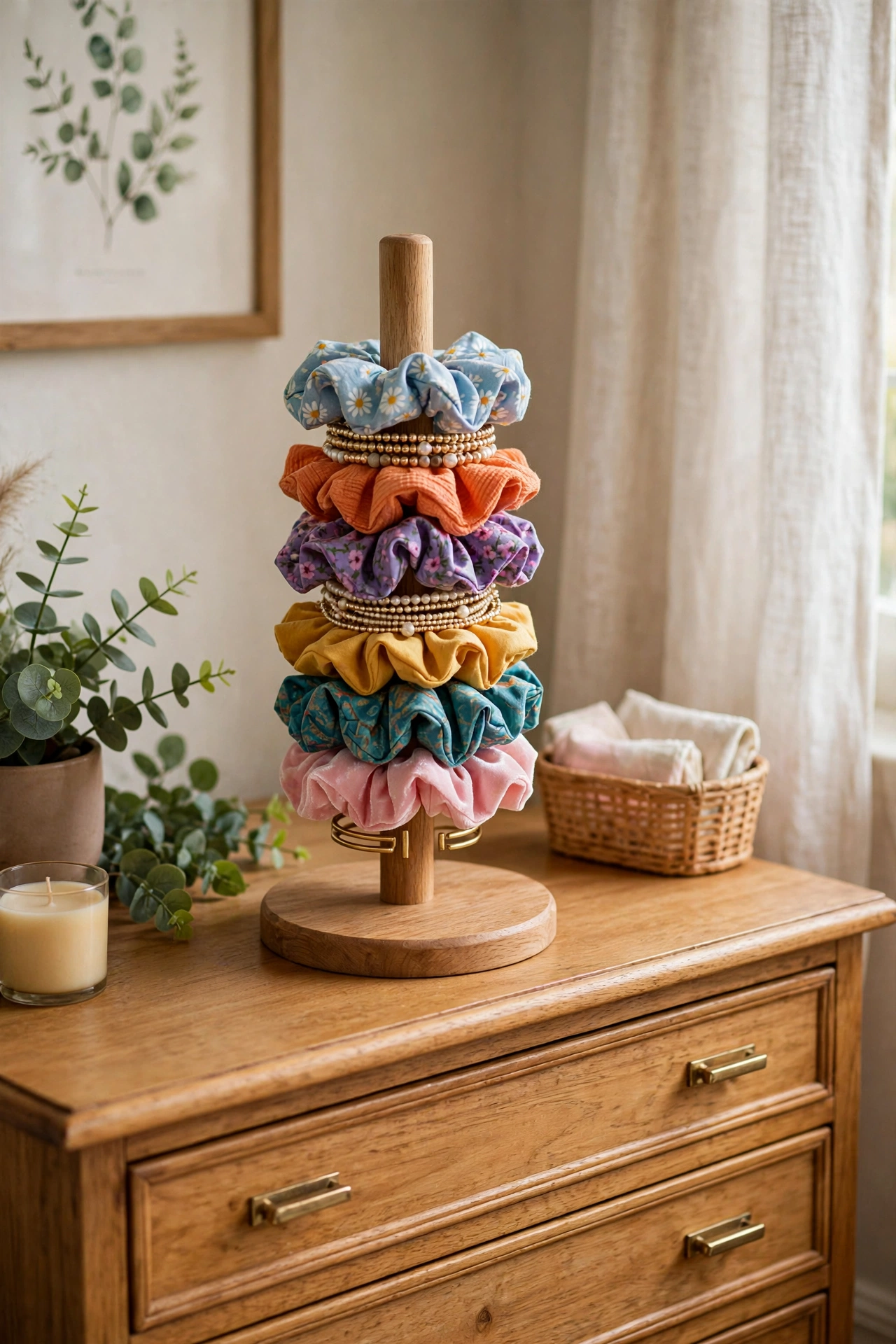 Wooden paper towel holder repurposed to display scrunchies bracelets and hair ties