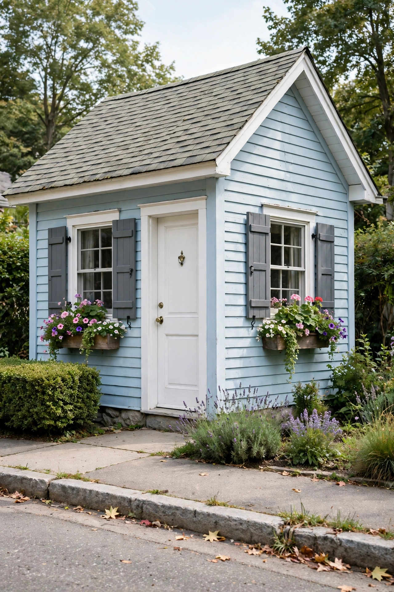 Pastel blue cottage with charcoal gray shutters and white door, flower boxes