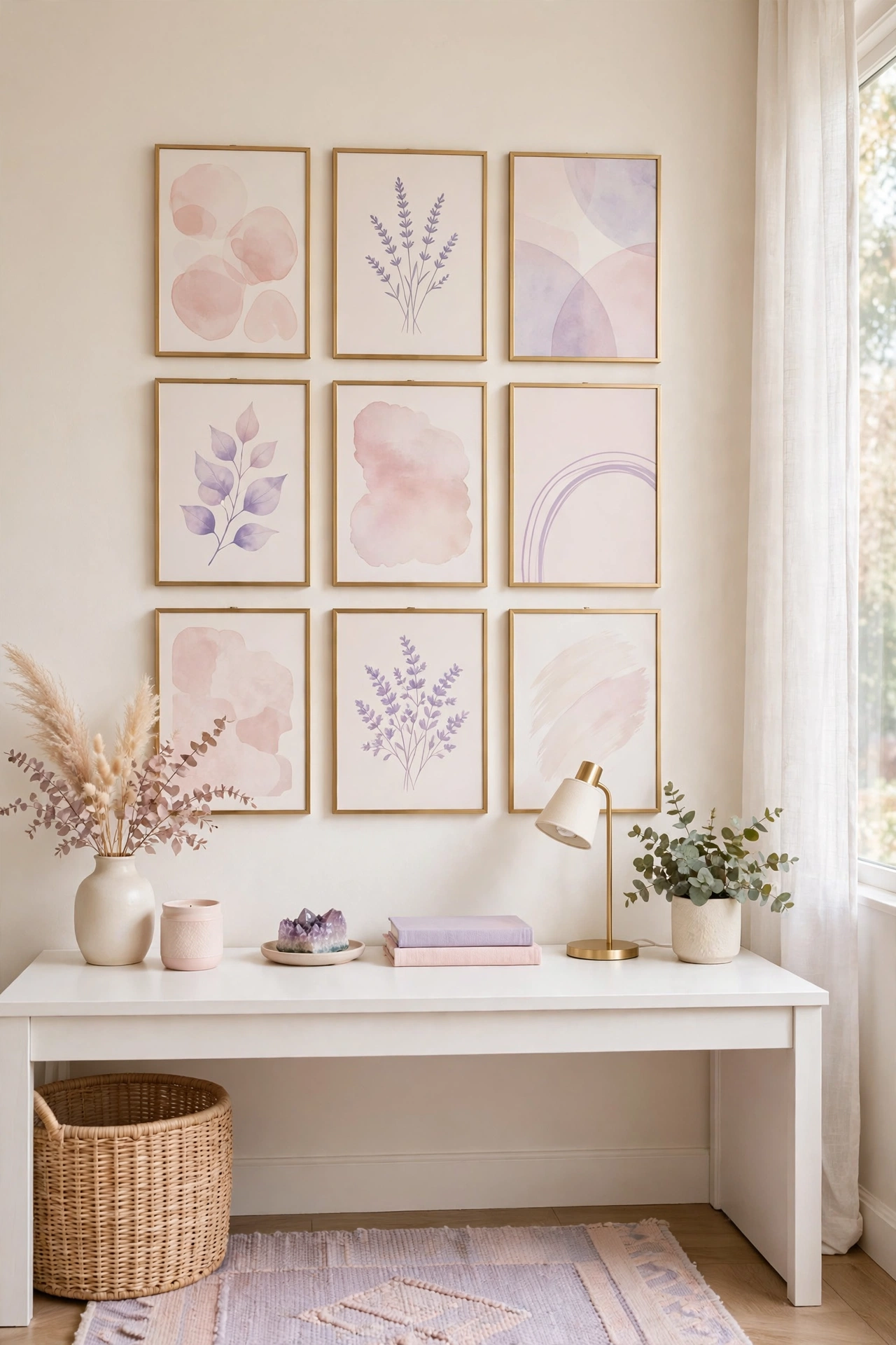 Pastel gallery wall of framed art prints in blush pink and lavender above a teen desk