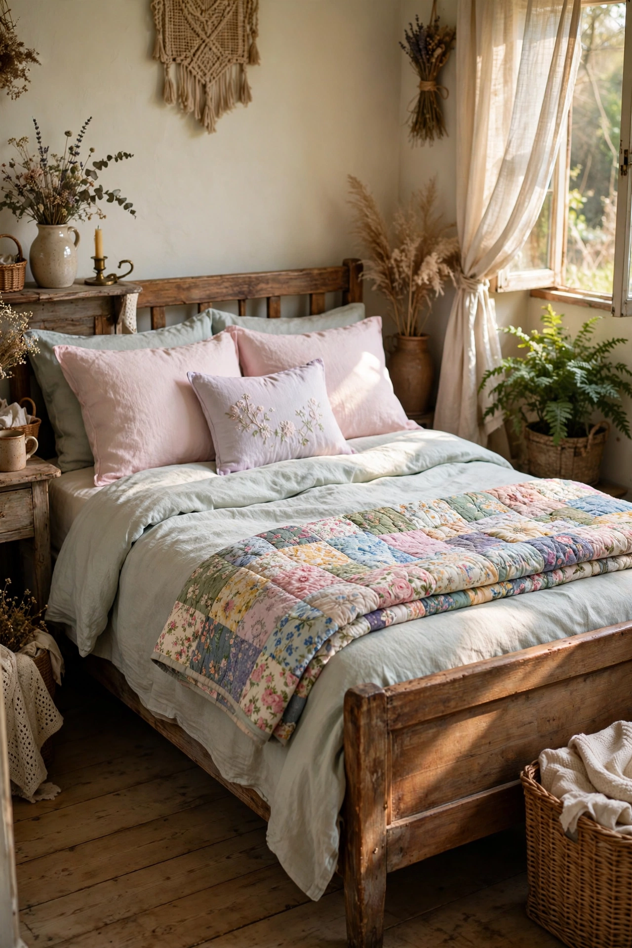 Colorful floral patchwork quilt folded at the foot of a bed in a cozy cottage bedroom