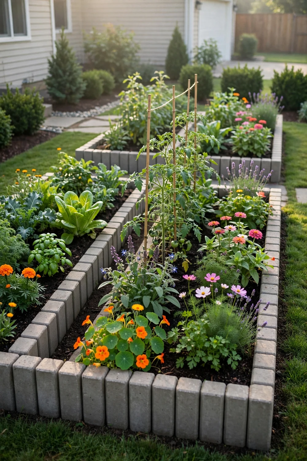 Neat raised garden beds edged with upright concrete pavers in a front yard