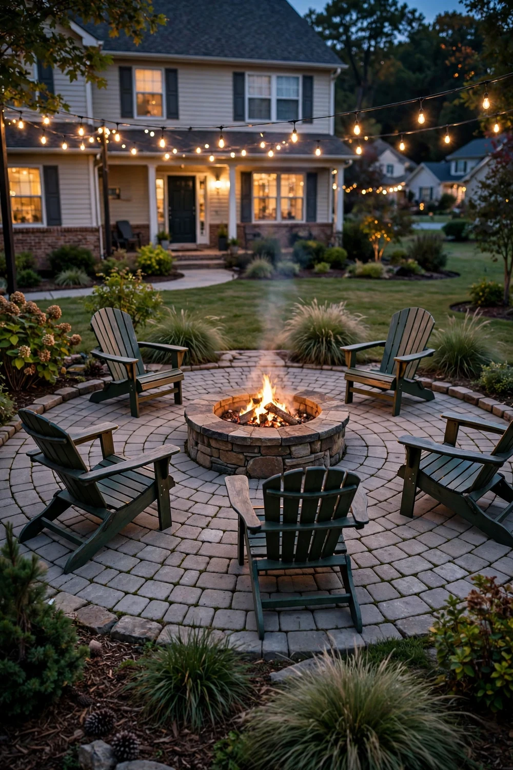 Circular concrete paver patio with a fire pit as the centerpiece in a front yard