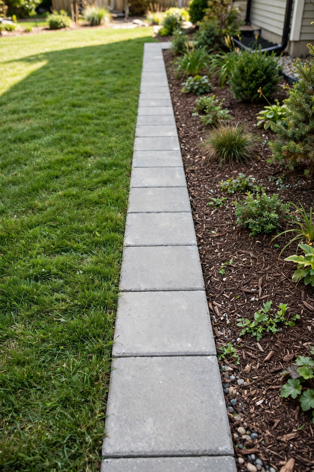 Single row of concrete pavers forming a clean mowing strip between lawn and garden bed
