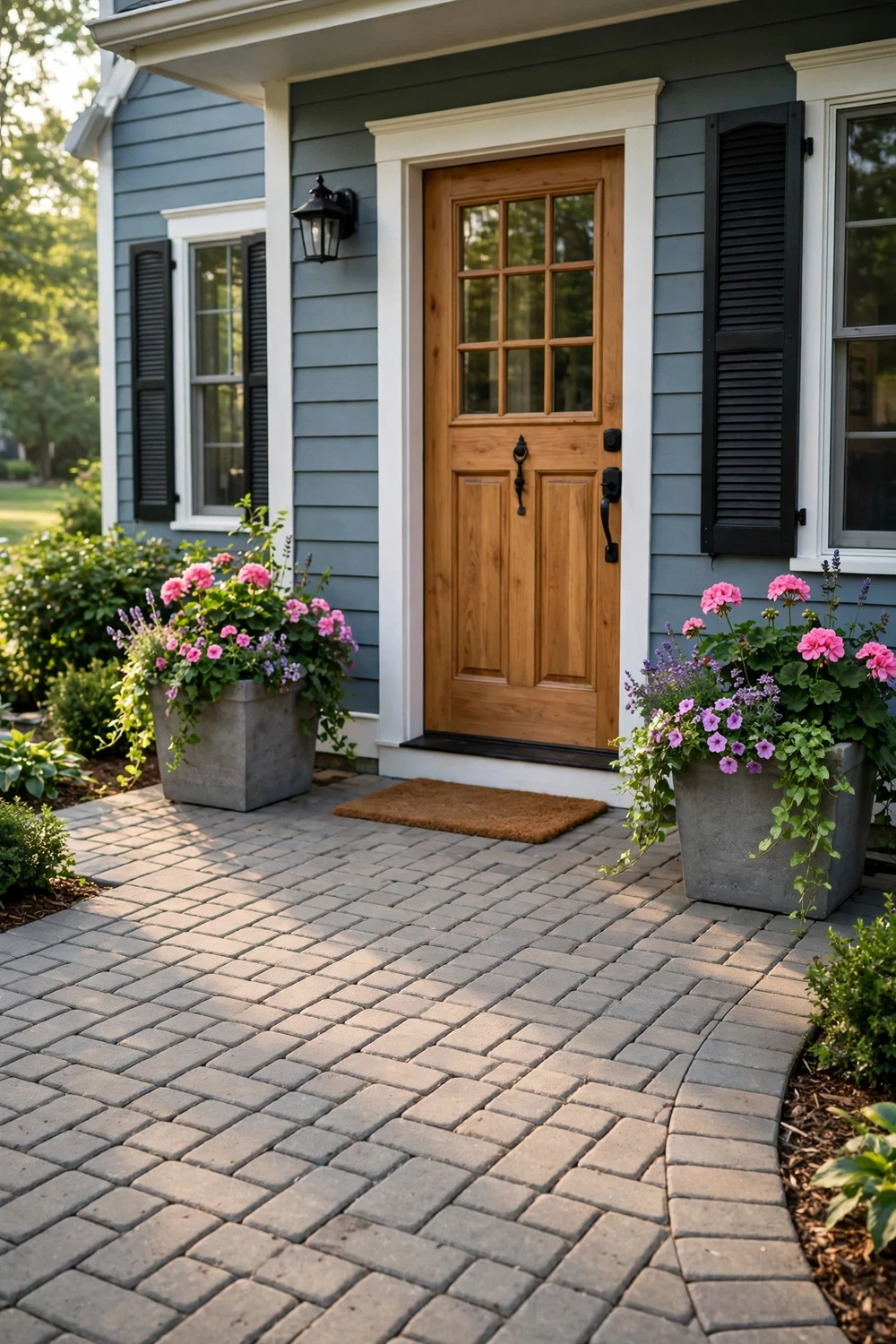 Welcoming front porch landing upgraded with patterned concrete pavers and potted plants