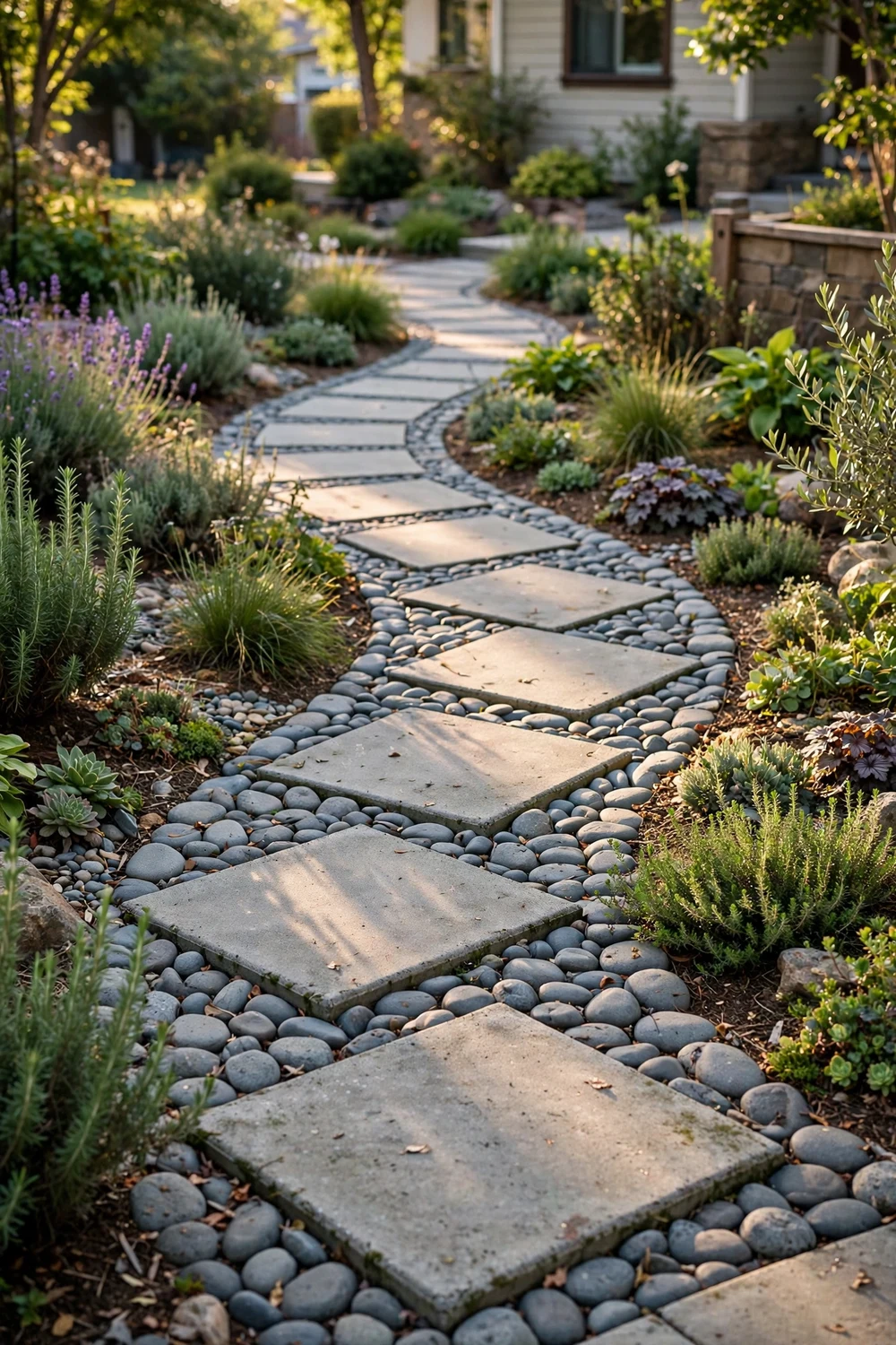 Artistic mosaic pathway combining large concrete pavers with smooth river rocks