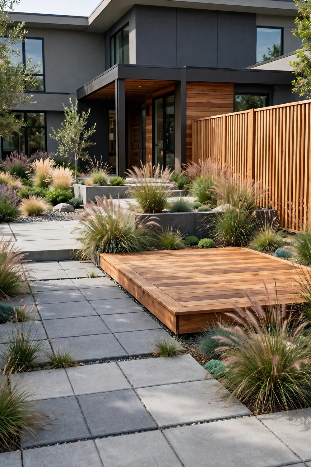 Modern front yard combining concrete pavers with warm wood decking sections