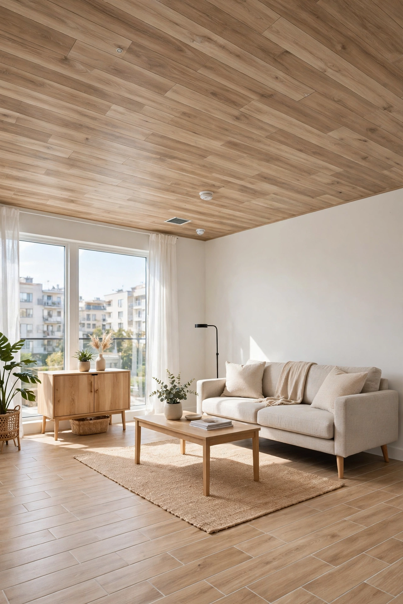 Peel and stick wood-look plank ceiling tiles in a rental apartment living room