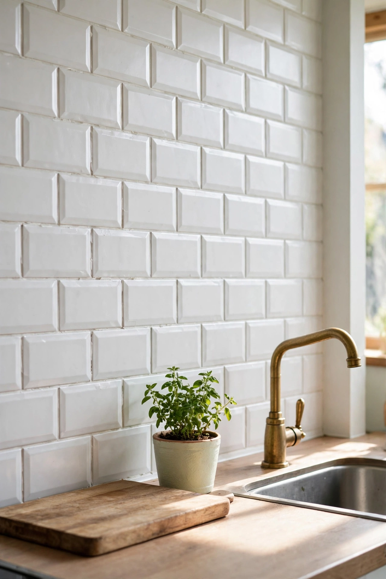 Rental kitchen backsplash covered in peel-and-stick white subway tiles with styled countertop
