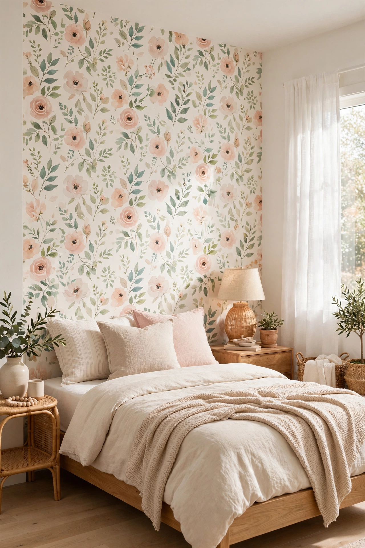 Renter-friendly peel and stick floral wallpaper accent wall in a bedroom, fresh modern floral pattern