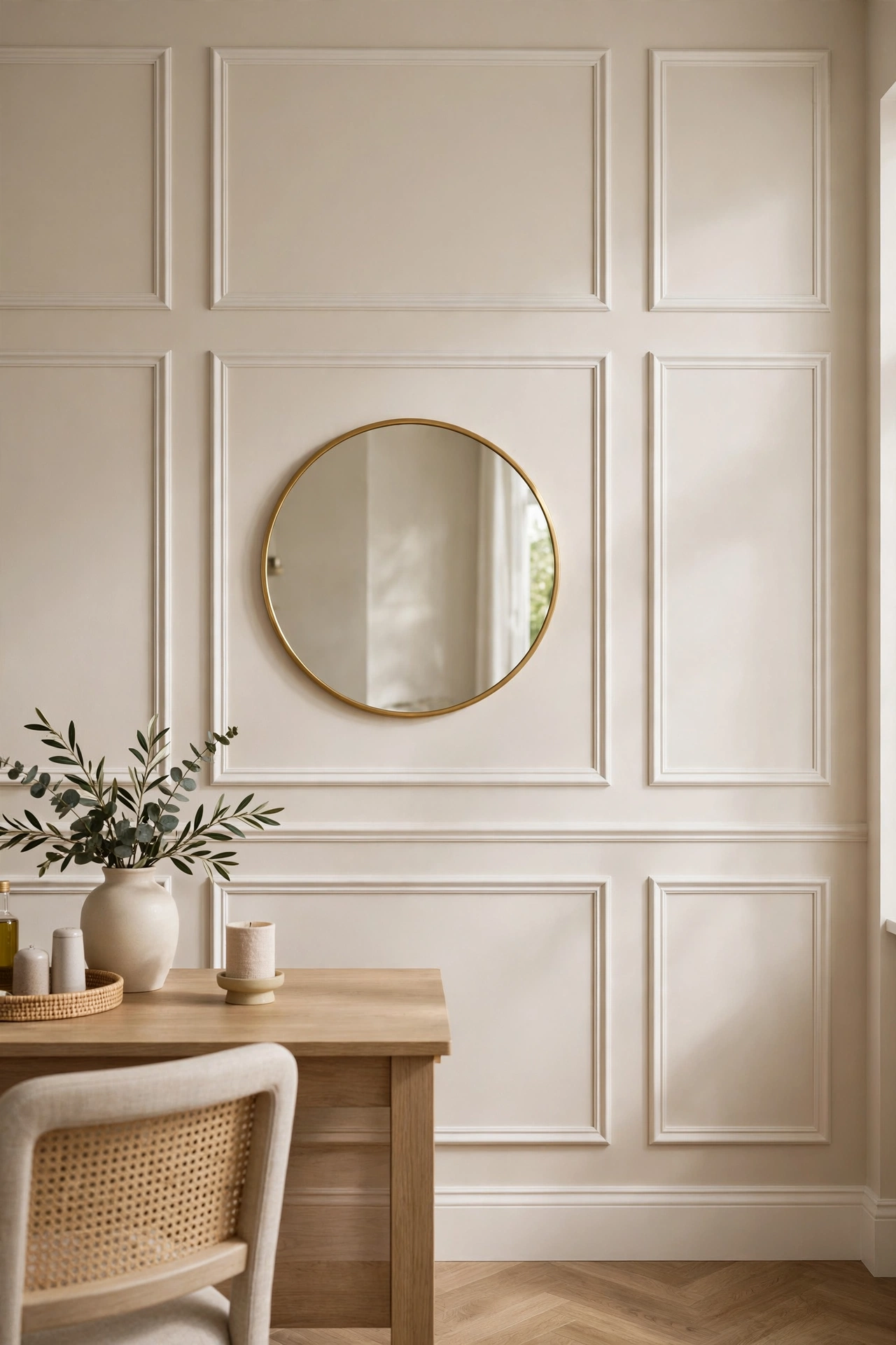 Rental dining room wall with peel-and-stick molding frames and round mirror
